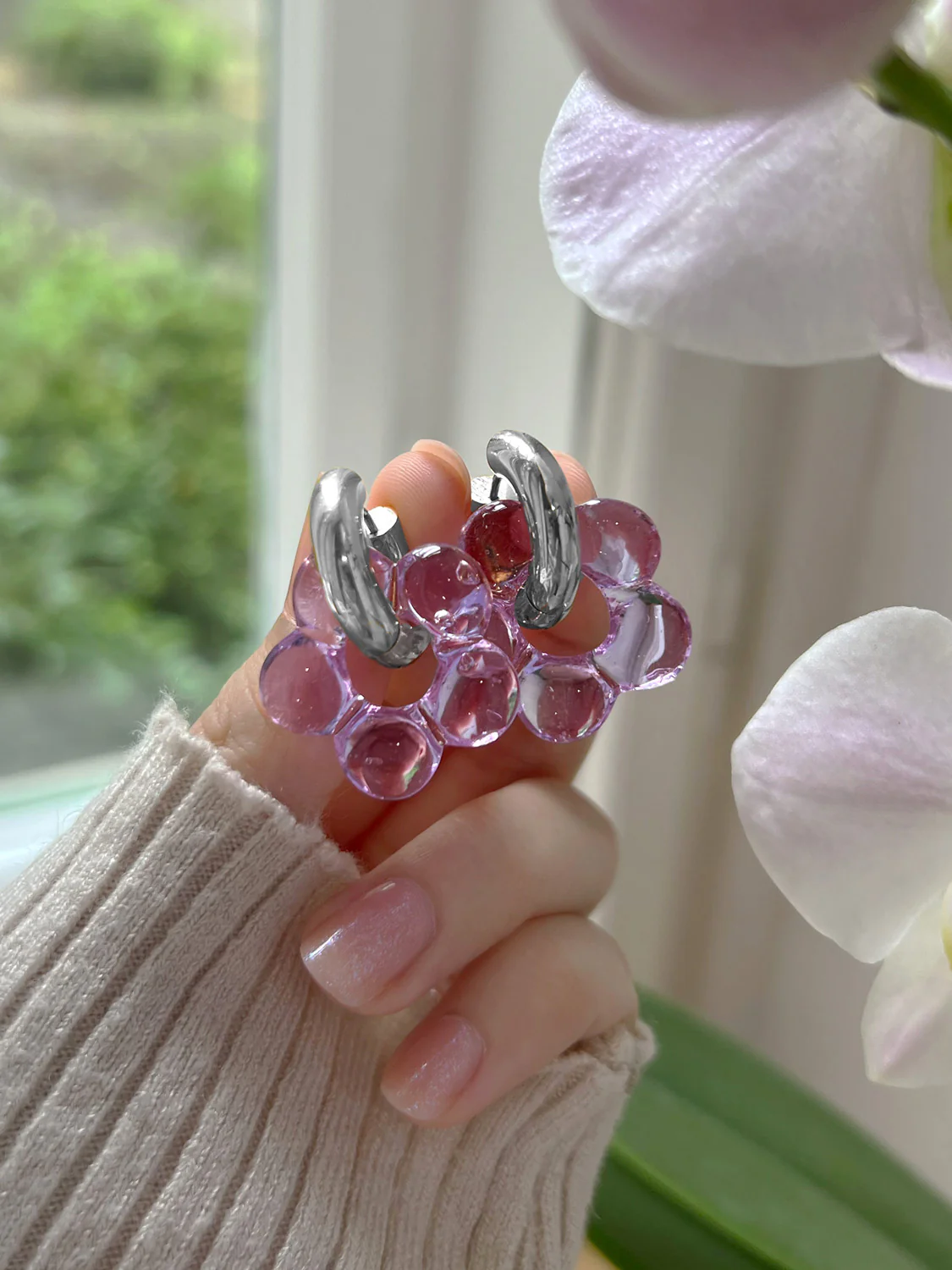 Glass Flower Donut Hoops, Silver - Lilac