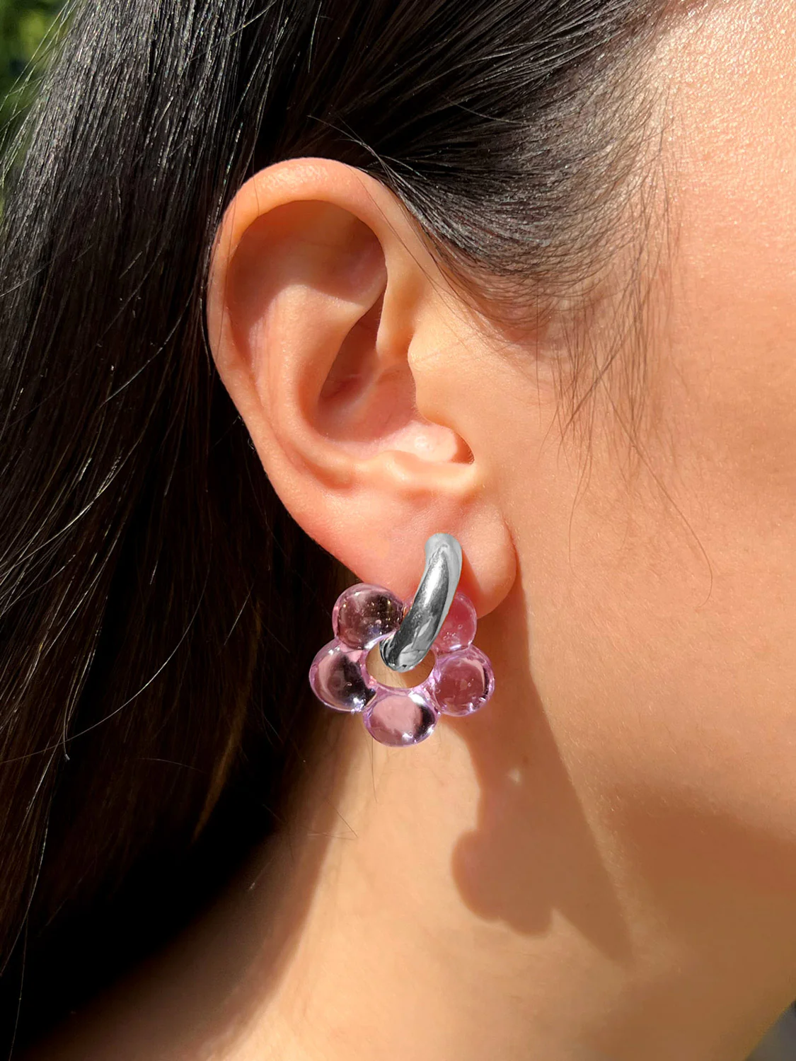 Glass Flower Donut Hoops, Silver - Lilac - Image 3