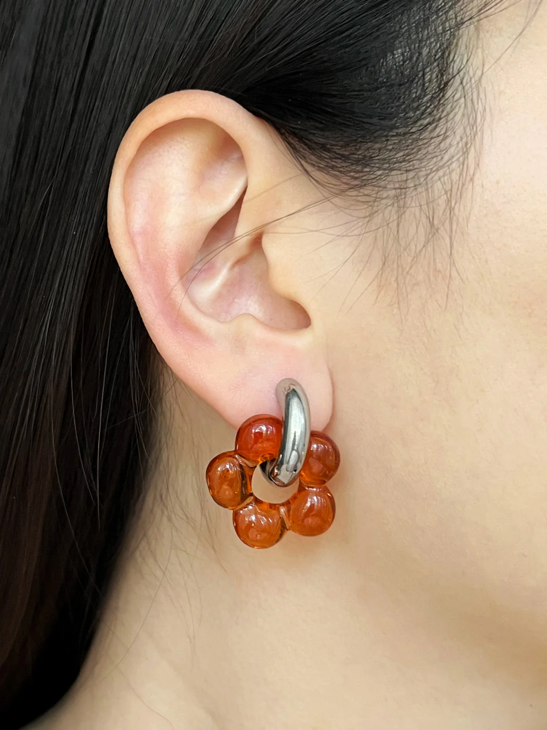 Glass Flower Donut Hoops, Silver - Orange - Image 2