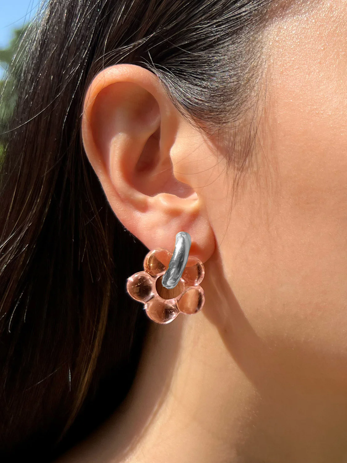 Glass Flower Donut Hoops, Silver - Peach - Image 2