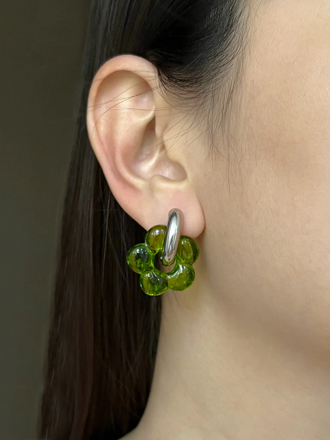 Glass Flower Donut Hoops, Silver - Pistachio Green - Image 2
