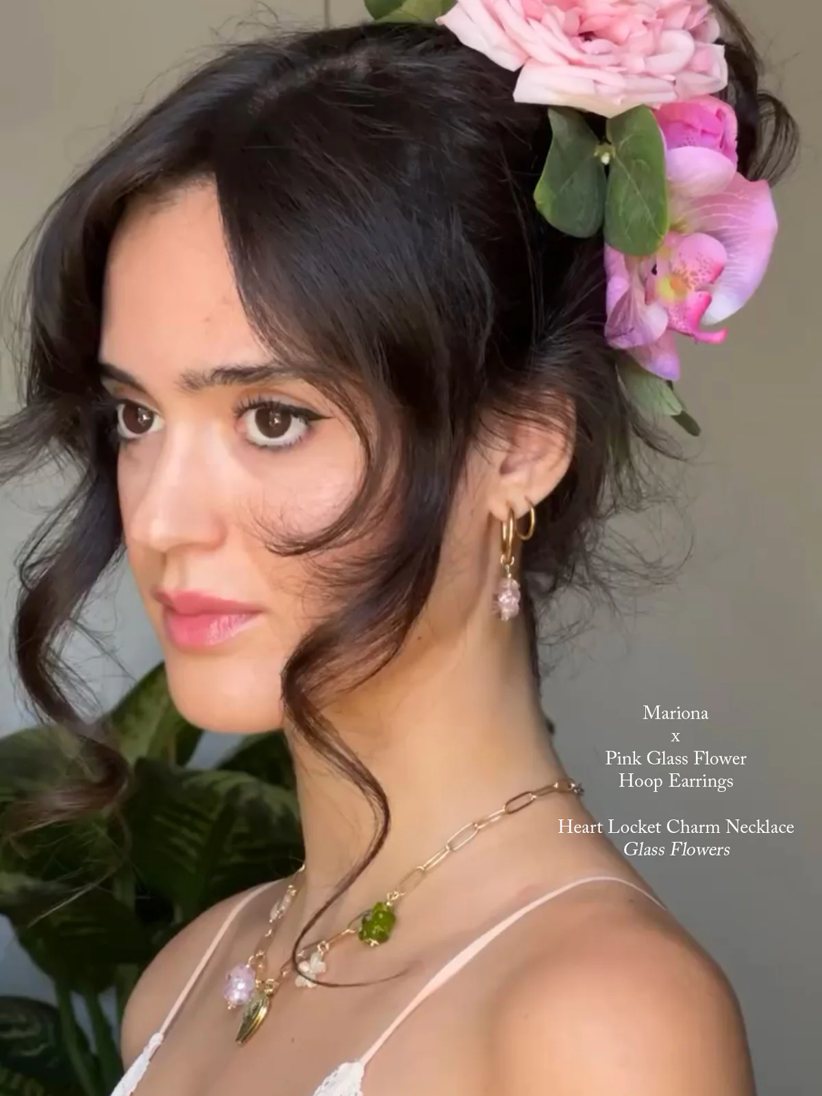Pink Glass Flower Hoop Earrings - Image 3