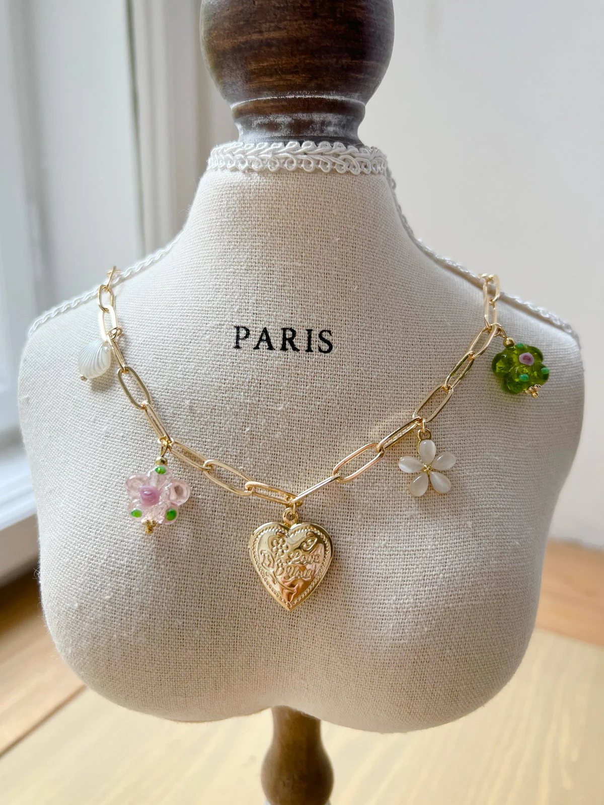 Heart Locket Charm Necklace - Glass Flowers - Image 3