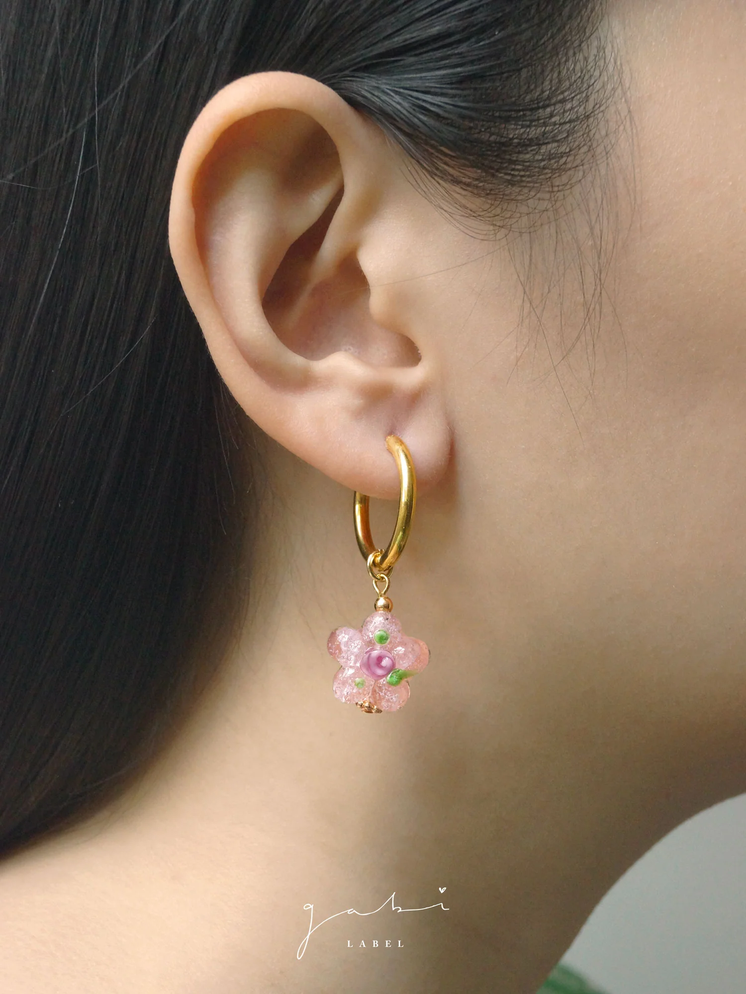 Pink Glass Flower Hoop Earrings - Image 4