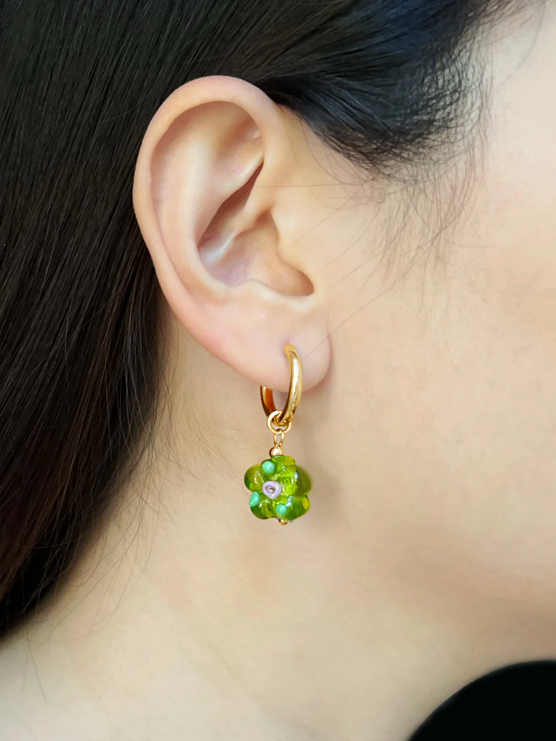 Glass Flower Hoops - Apple Green, Gold - Image 2