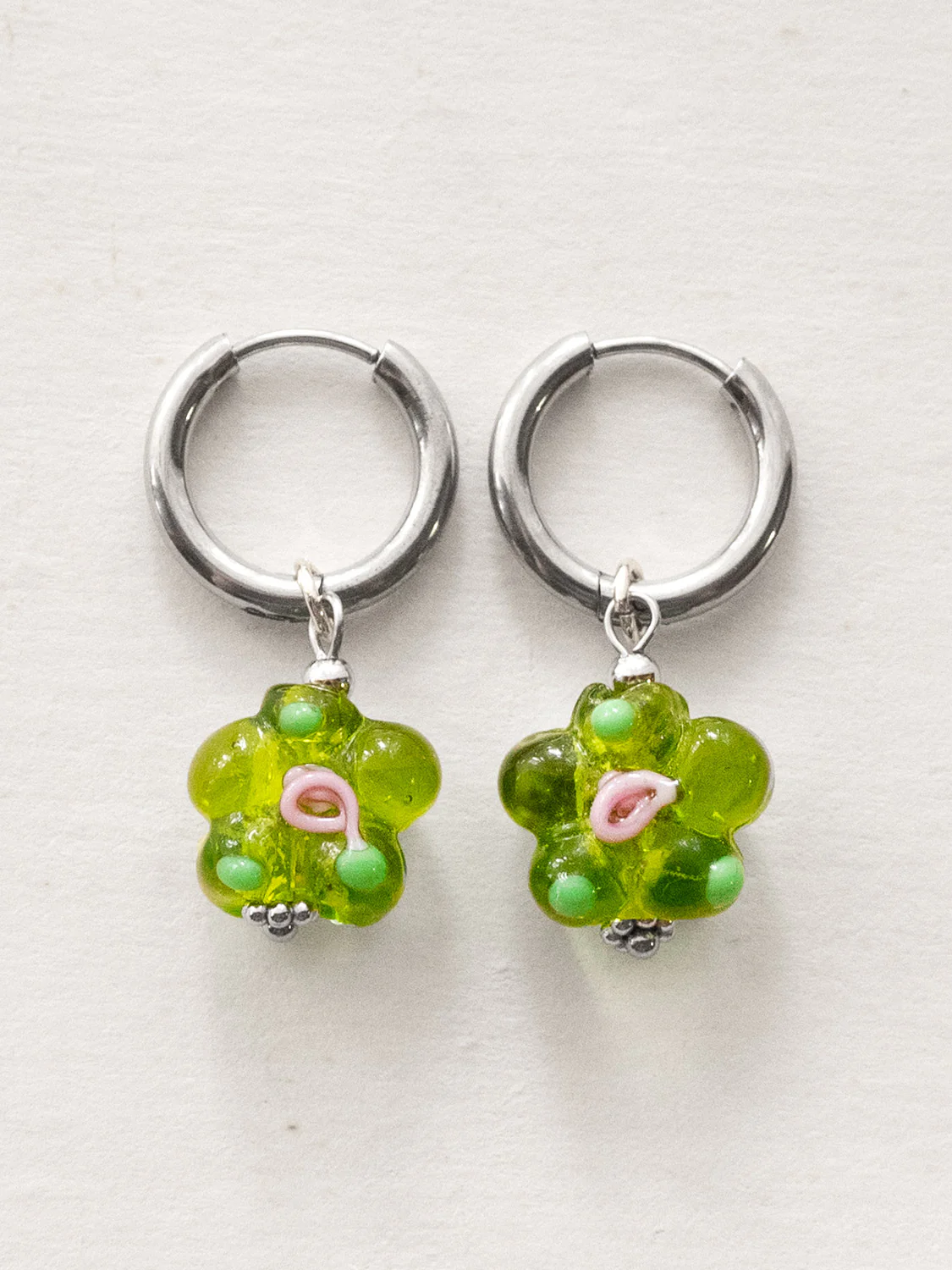 Glass Flower Hoops - Apple Green, Gold - Image 3