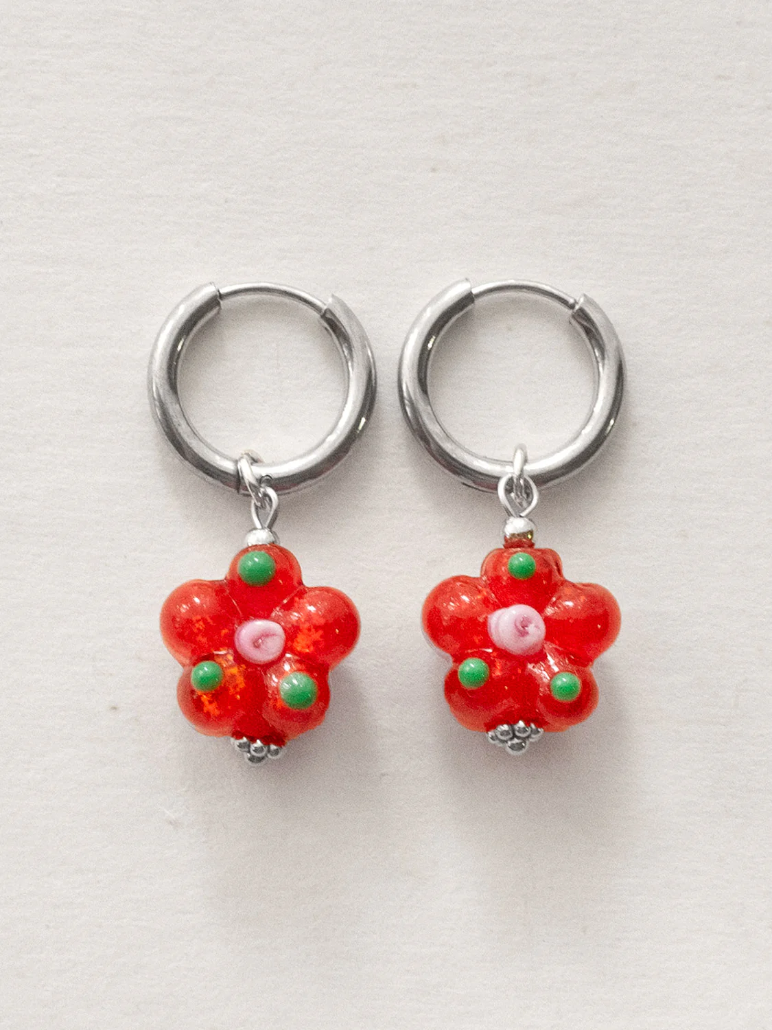 Glass Flower Hoops - Carrot Orange, Silver - Image 2