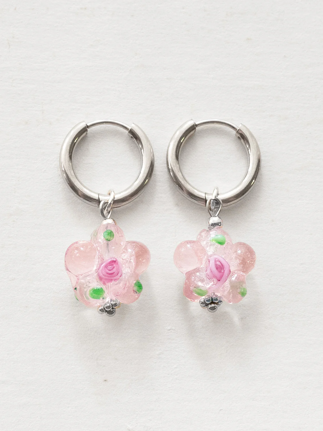 Glass Flower Hoops - Sweet Pink, Silver - Image 3