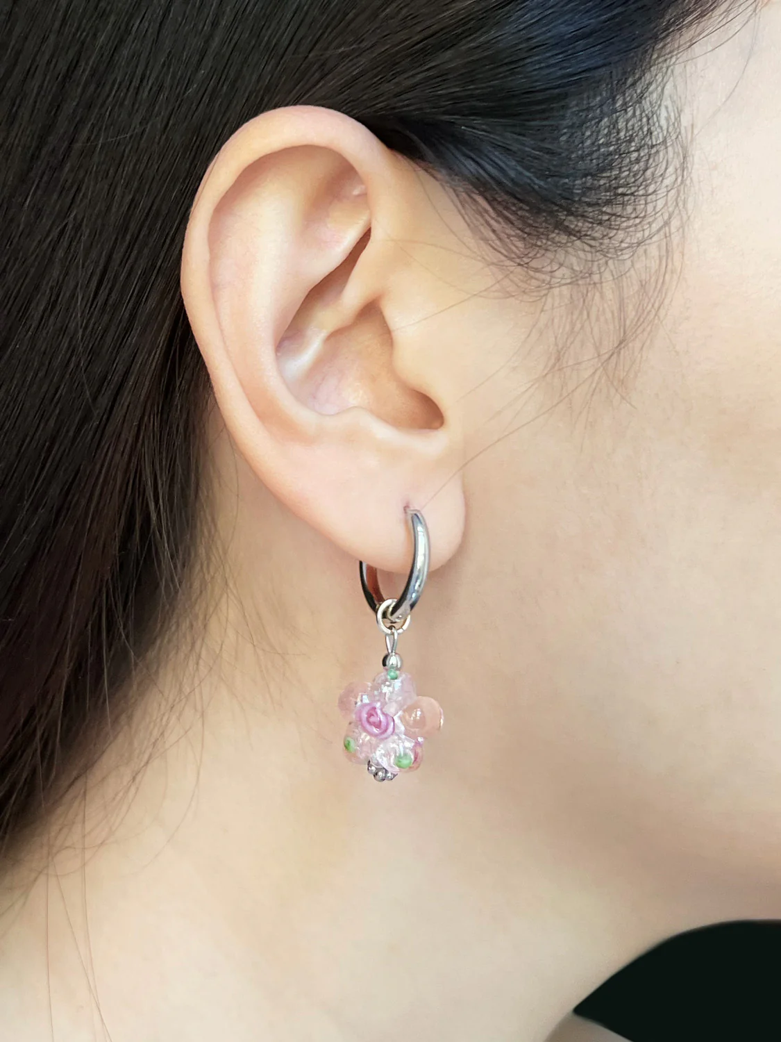 Glass Flower Hoops - Sweet Pink, Silver - Image 2
