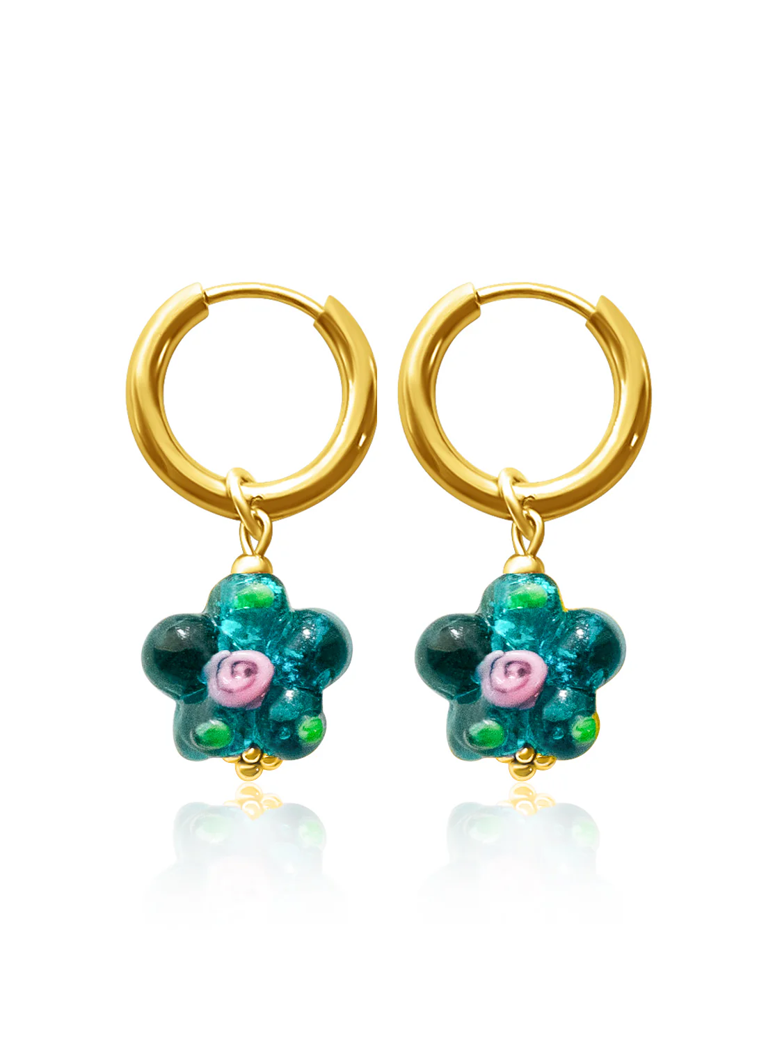 Glass Flower Hoops - Teal-Green, Silver - Image 3