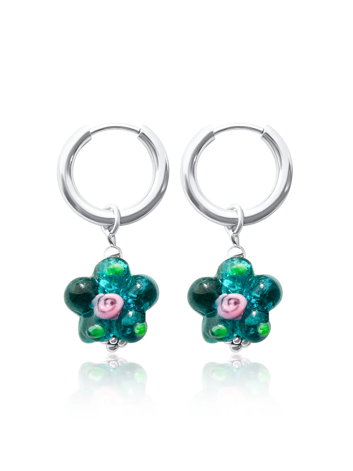 Glass Flower Hoops - Teal-Green, Gold - Image 2