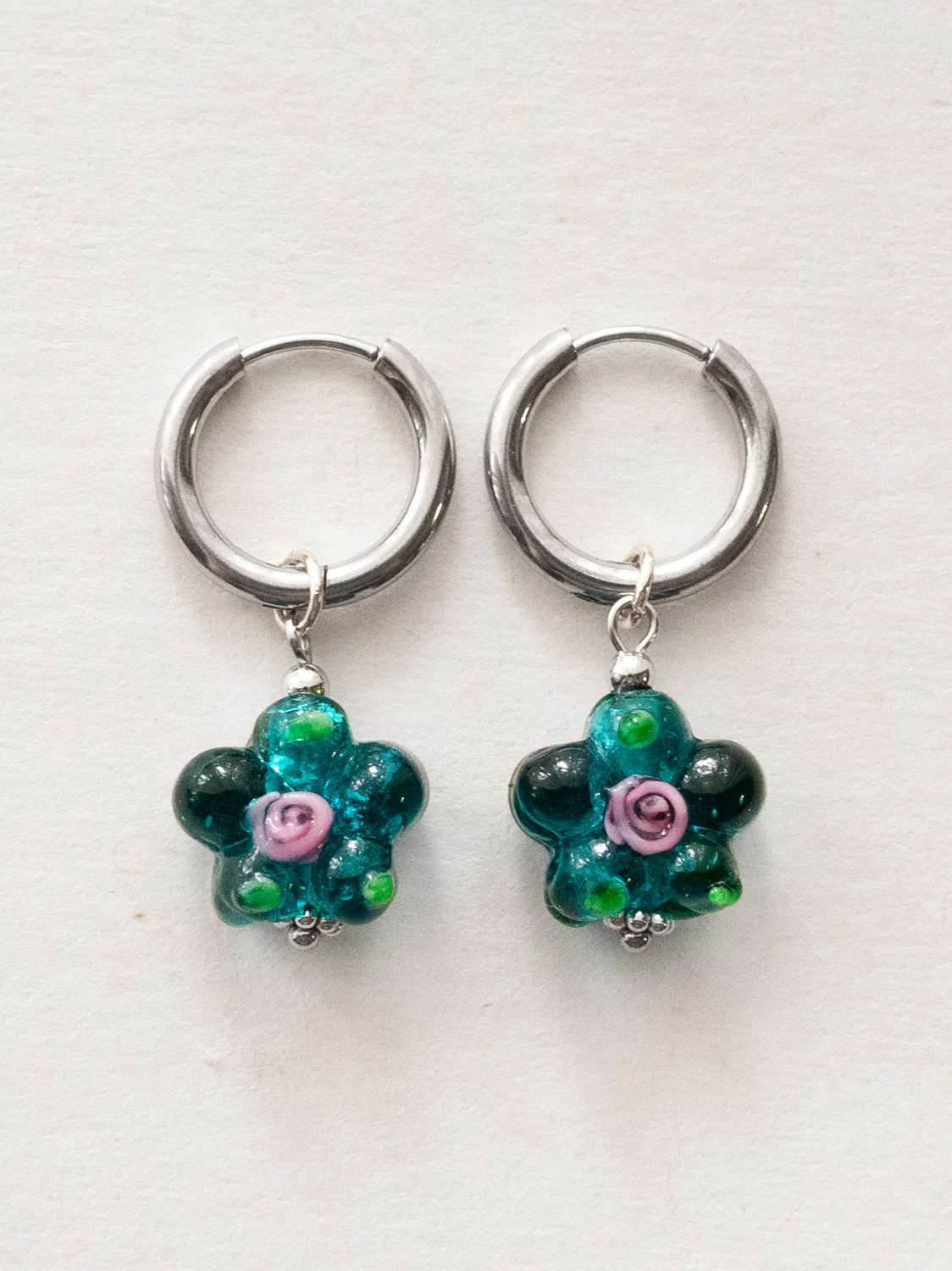 Glass Flower Hoops - Teal-Green, Silver - Image 2