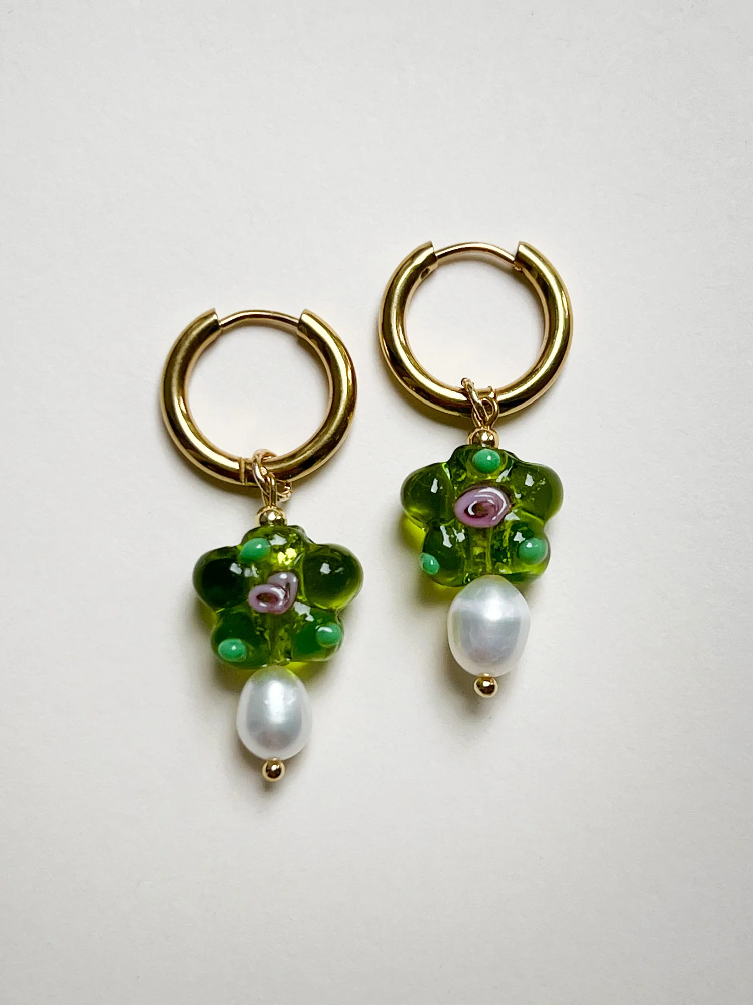Glass Flower & Pearl Hoop Earrings - Apple green - Image 3