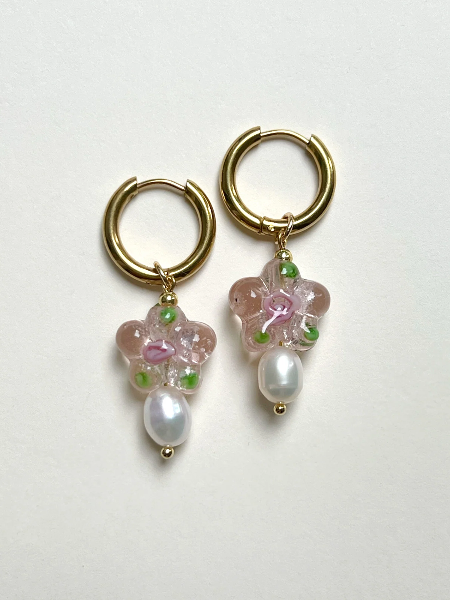 Glass Flower & Pearl Hoop Earrings - Pink - Image 3