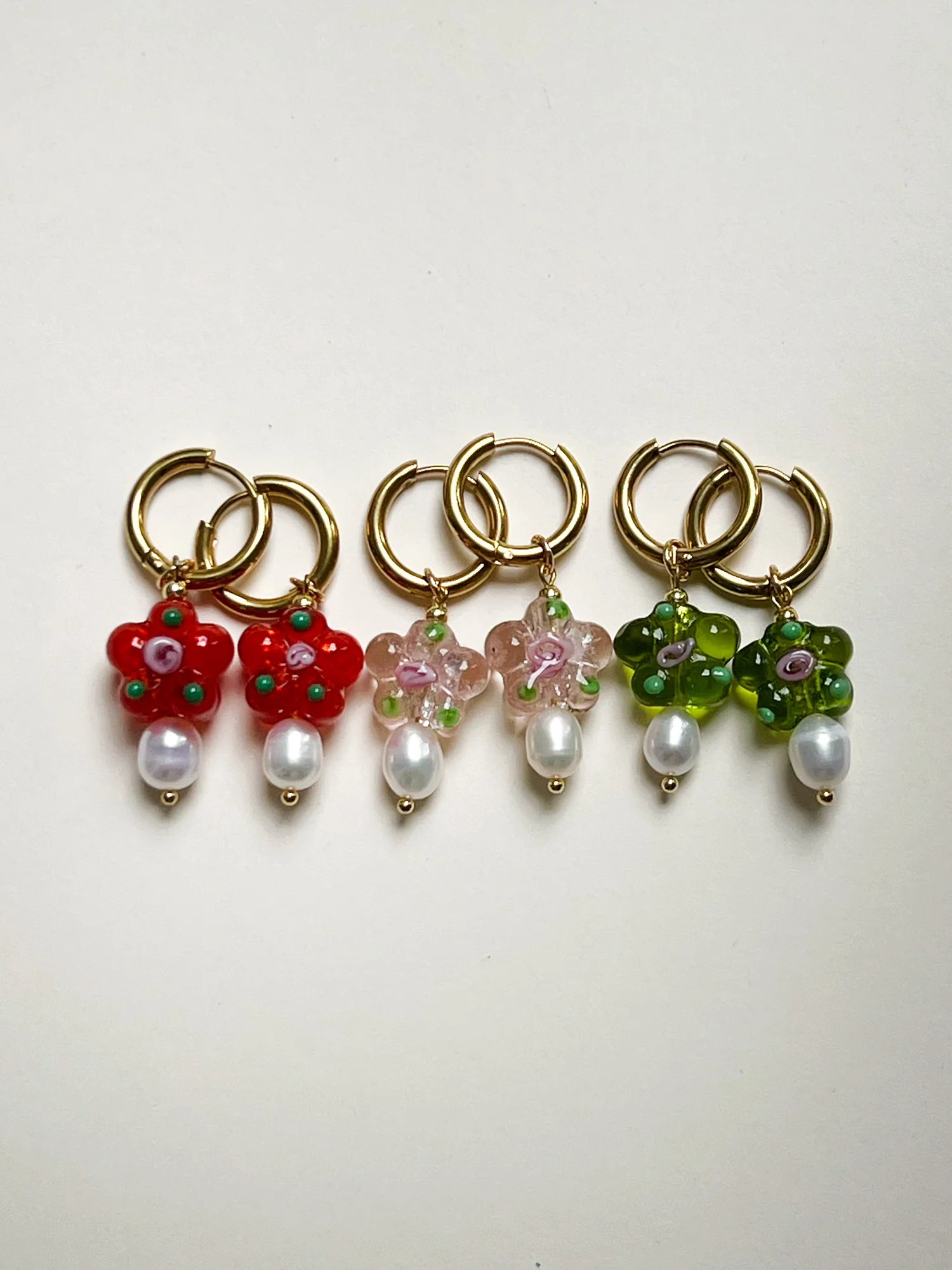 Glass Flower & Pearl Hoop Earrings - Pink - Image 4