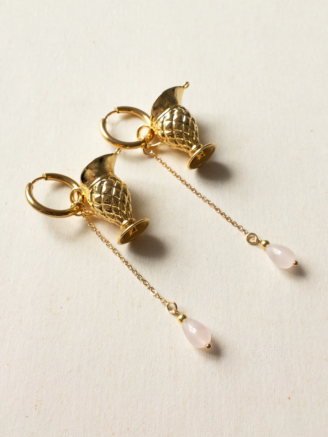 Gold Antique Vase Hoops With Dangling Teardrop Rose Quartz - Image 2