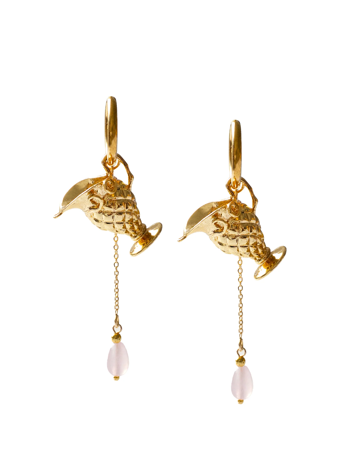 Gold Antique Vase Hoops With Dangling Teardrop Rose Quartz - Image 3