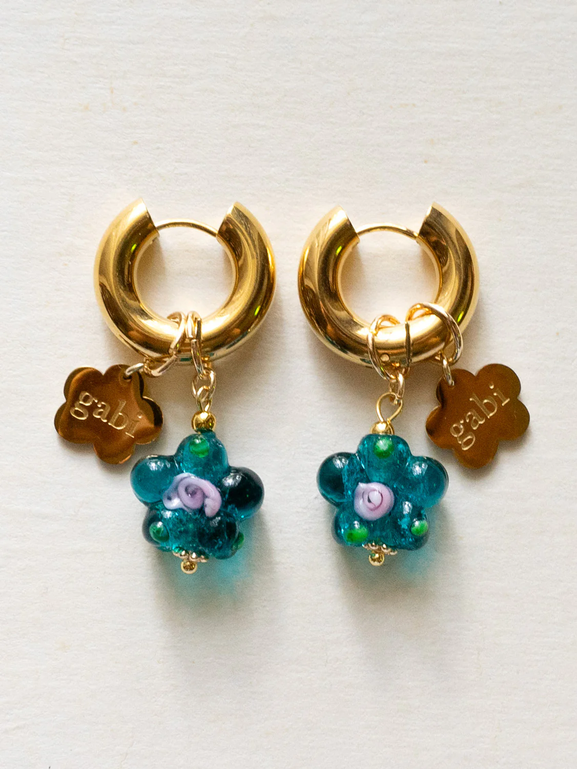 Gold Chunky Hoops - Teal-Green Glass Flower, Gabi Flower - Image 4