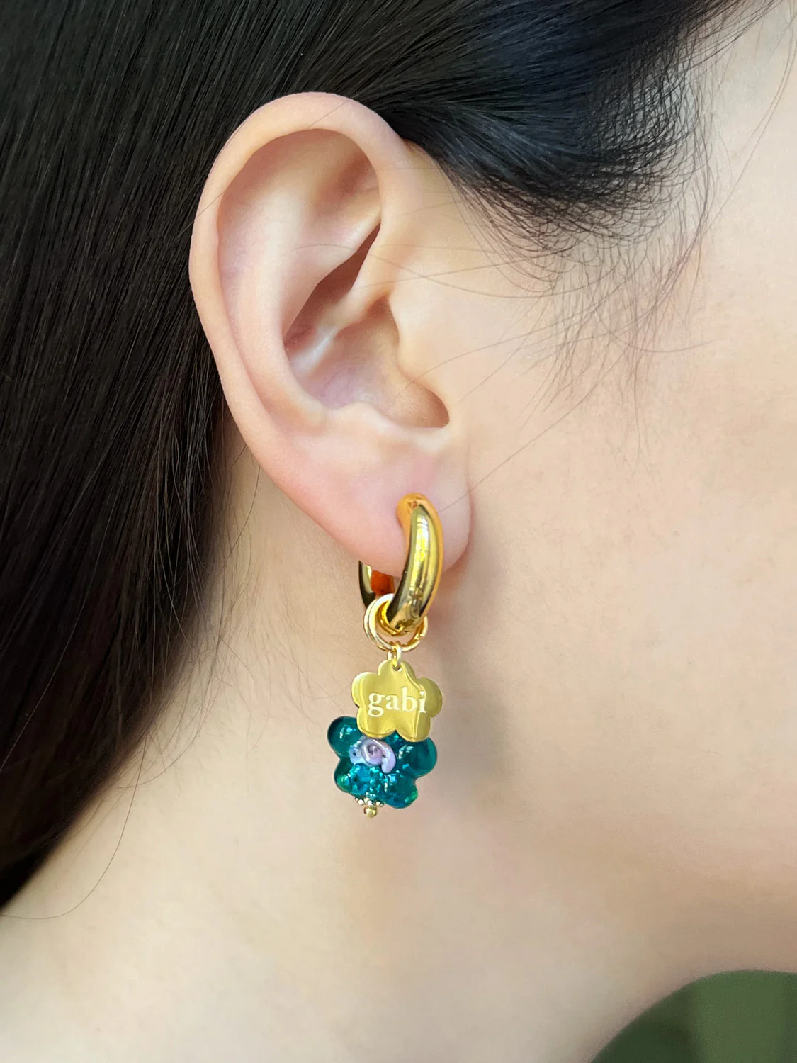 Gold Chunky Hoops - Teal-Green Glass Flower, Gabi Flower - Image 5