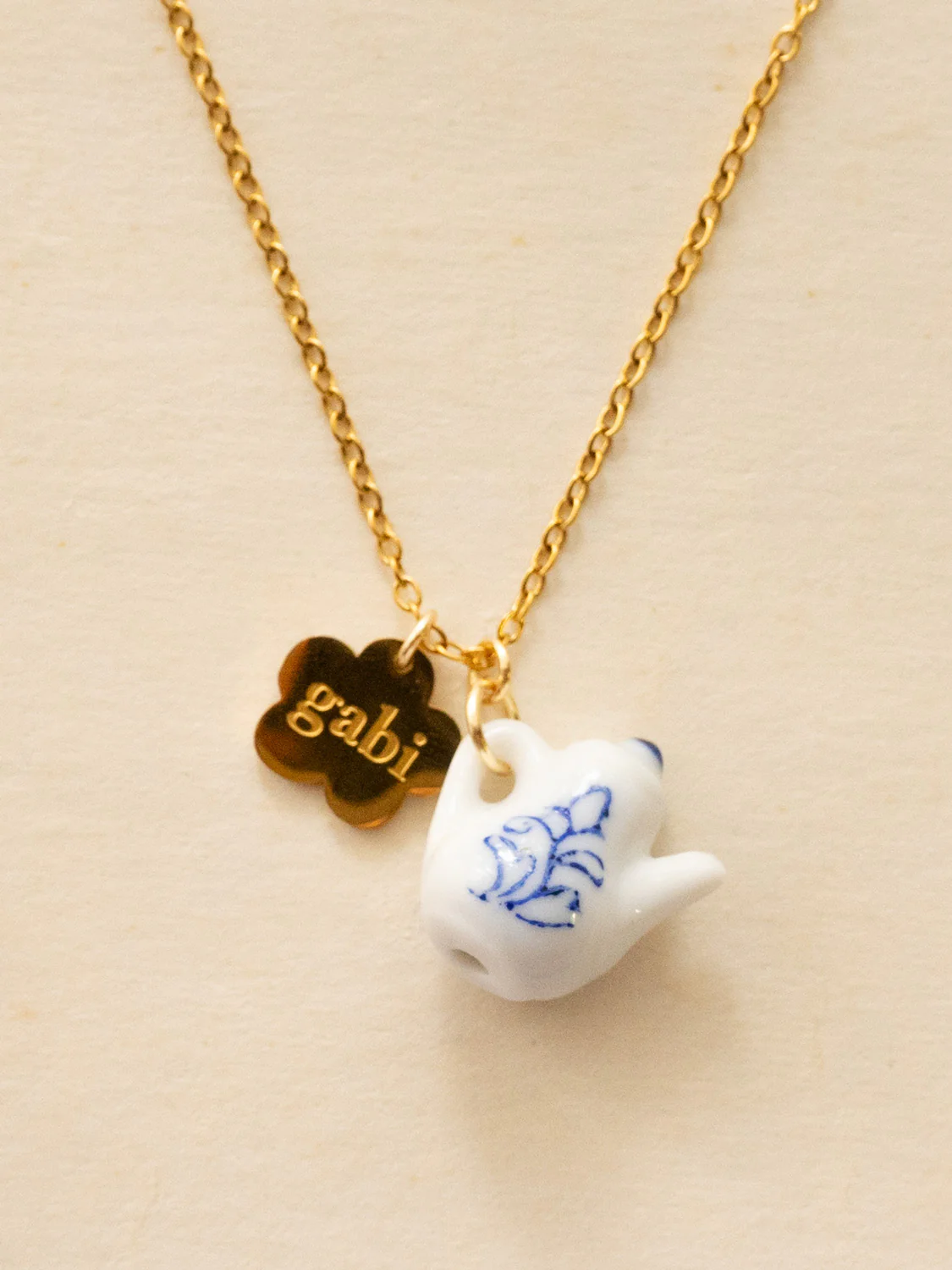 Gold Gabi Charm Necklace, Stainless Steel - Ceramic Teapot - Image 3