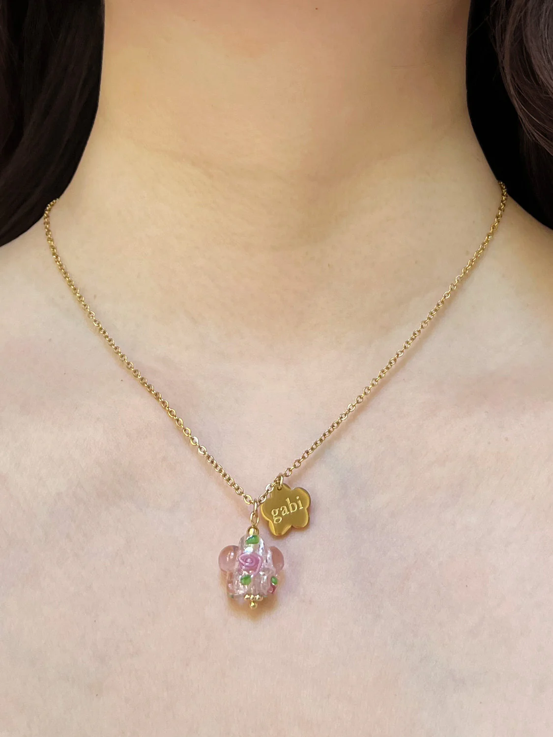 Gold Gabi Charm Necklace, Stainless Steel - Pink Glass Flower - Image 2