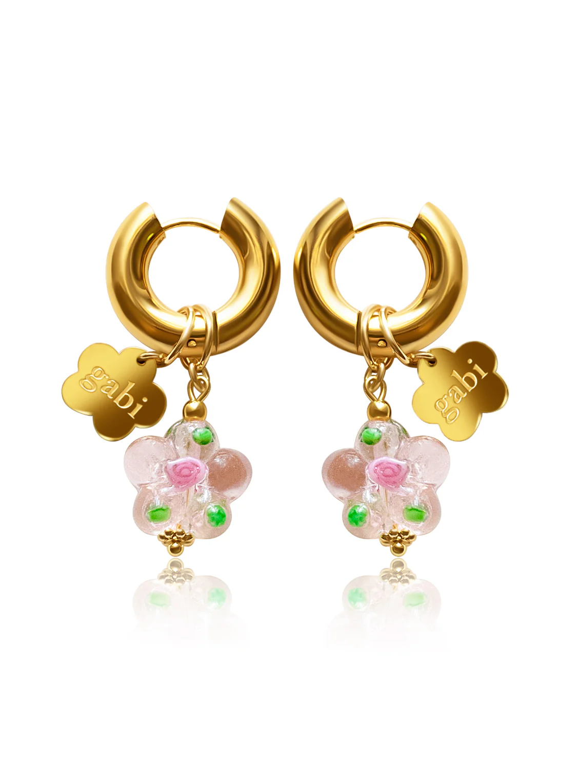 Gold Gabi Charm Necklace, Stainless Steel - Pink Glass Flower - Image 3