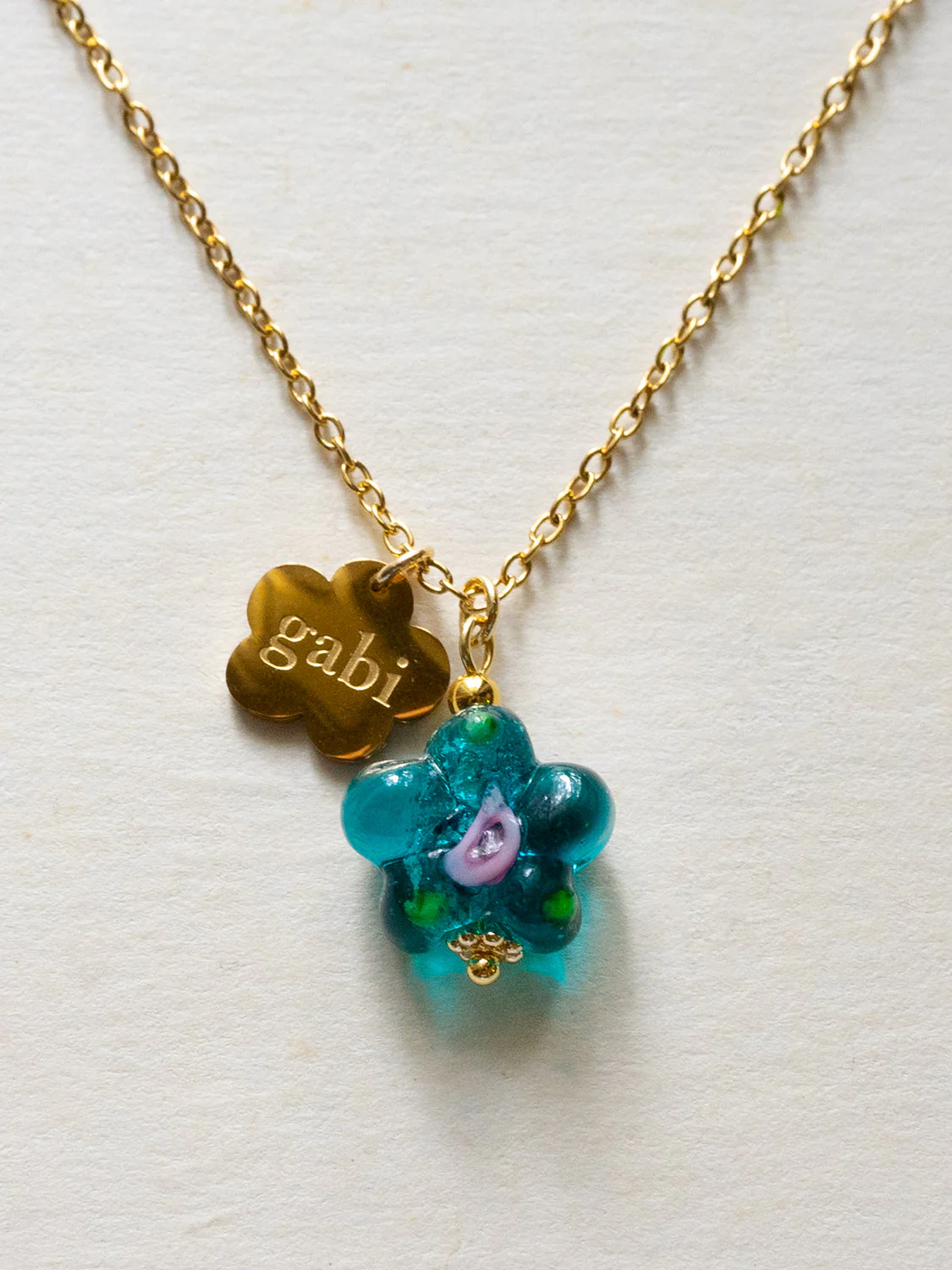 Gold Gabi Charm Necklace, Stainless Steel - Teal-Green Glass Flower - Image 2
