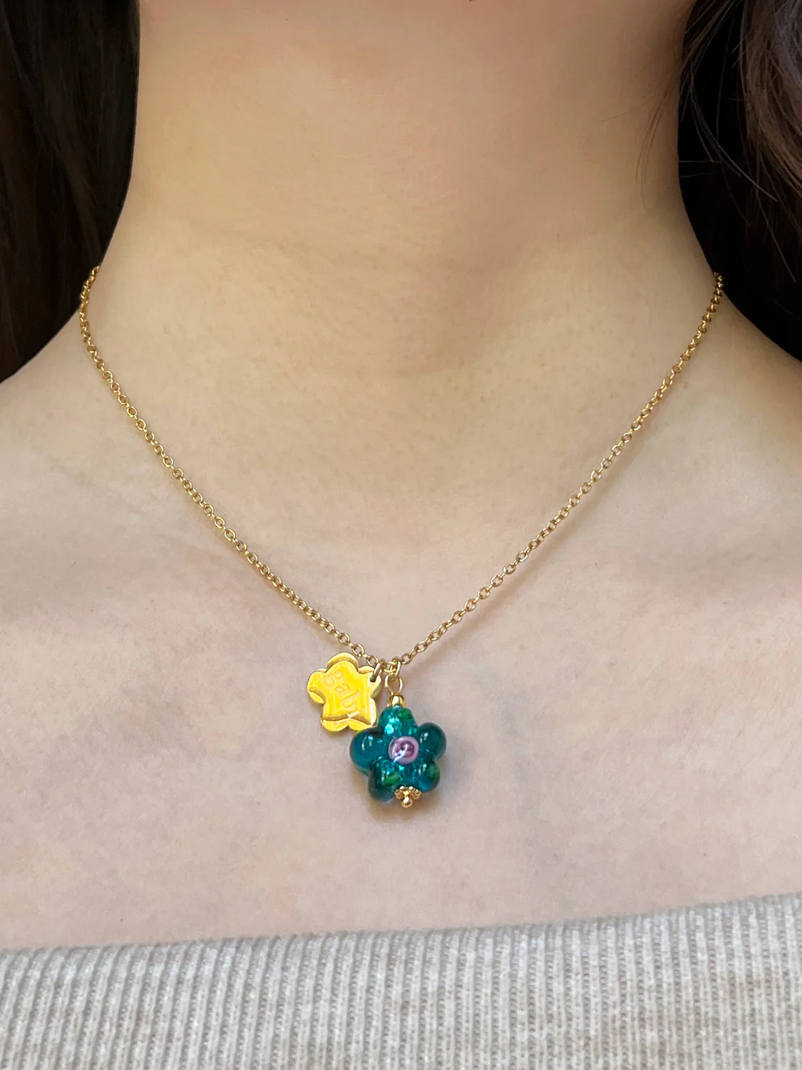 Gold Gabi Charm Necklace, Stainless Steel - Teal-Green Glass Flower - Image 3
