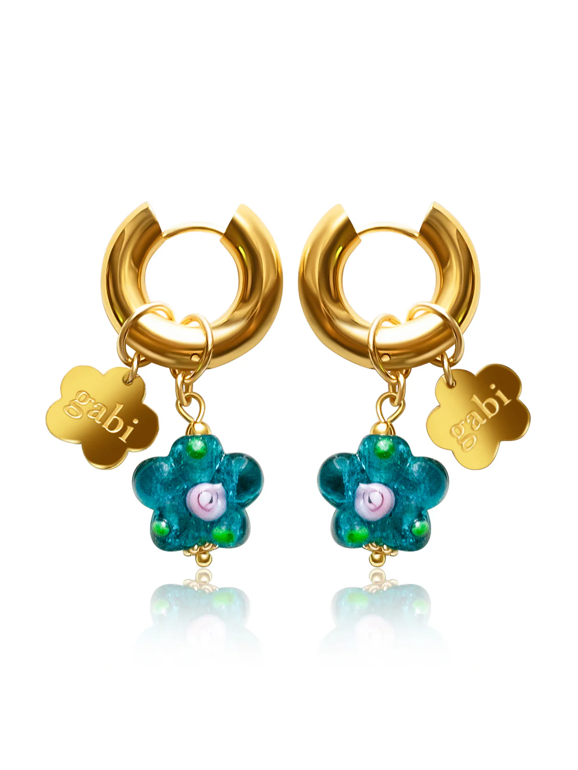 Gold Gabi Charm Necklace, Stainless Steel - Teal-Green Glass Flower - Image 4