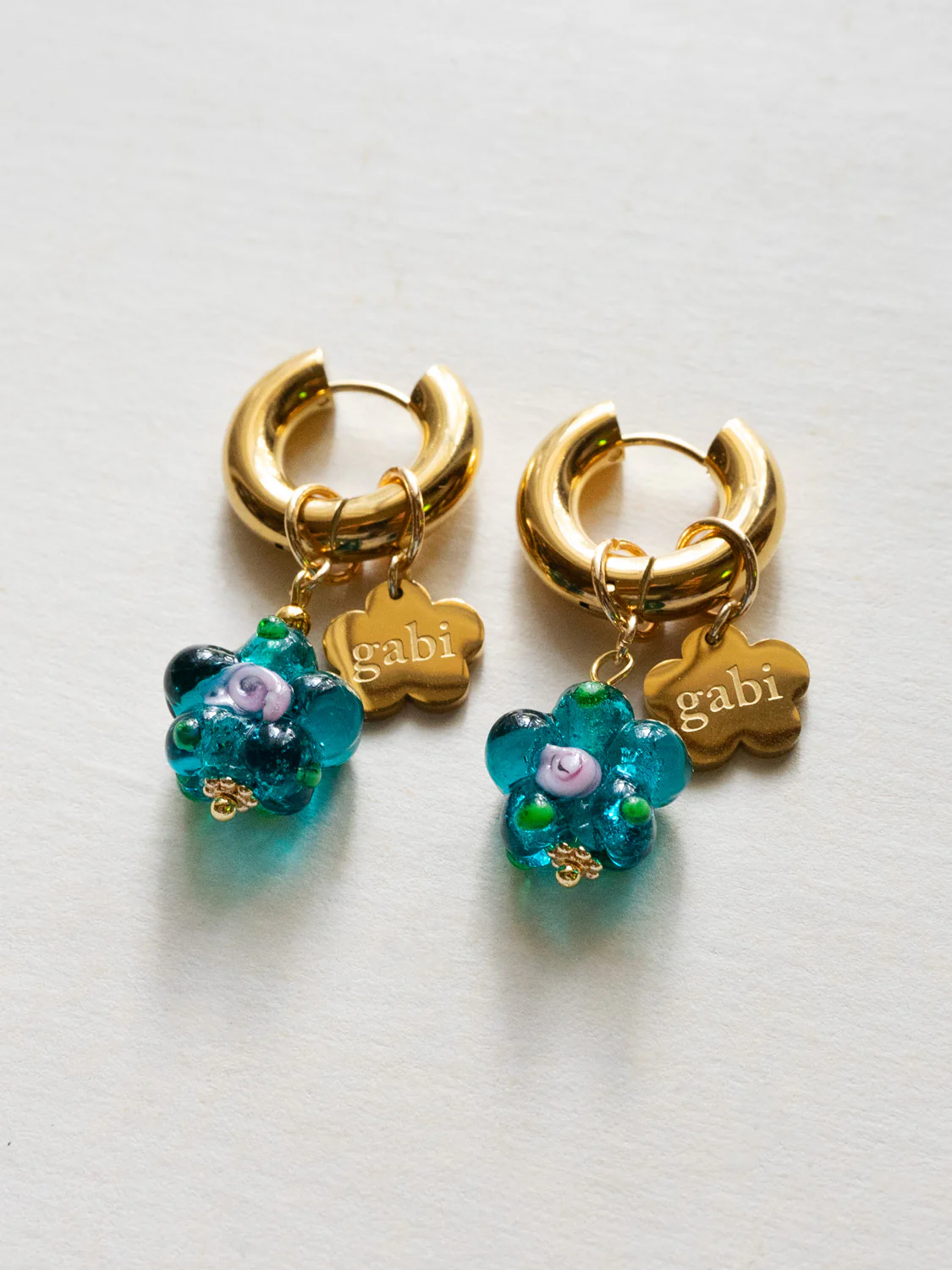 Gold Gabi Charm Necklace, Stainless Steel - Teal-Green Glass Flower - Image 5