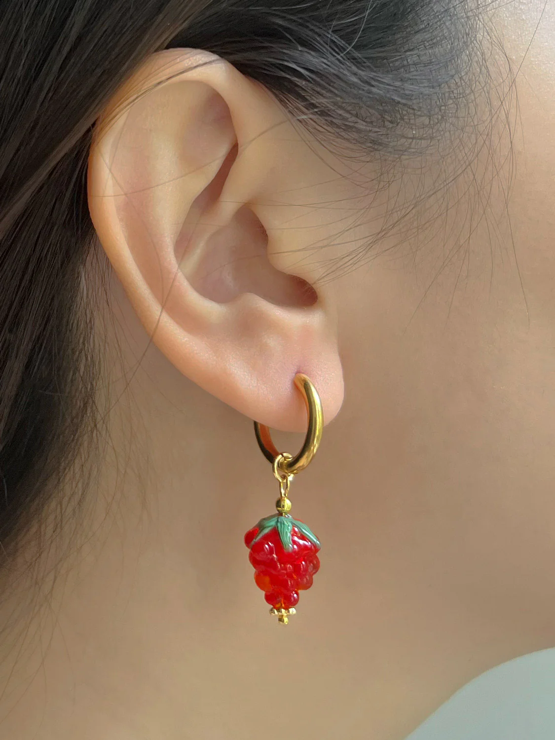 Gold Hoops - Mini Glass Raspberry - Image 3
