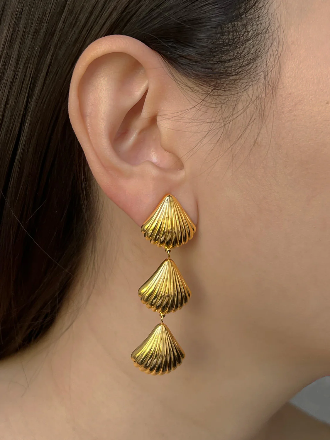 Gold Triple Shell Earrings - Image 2