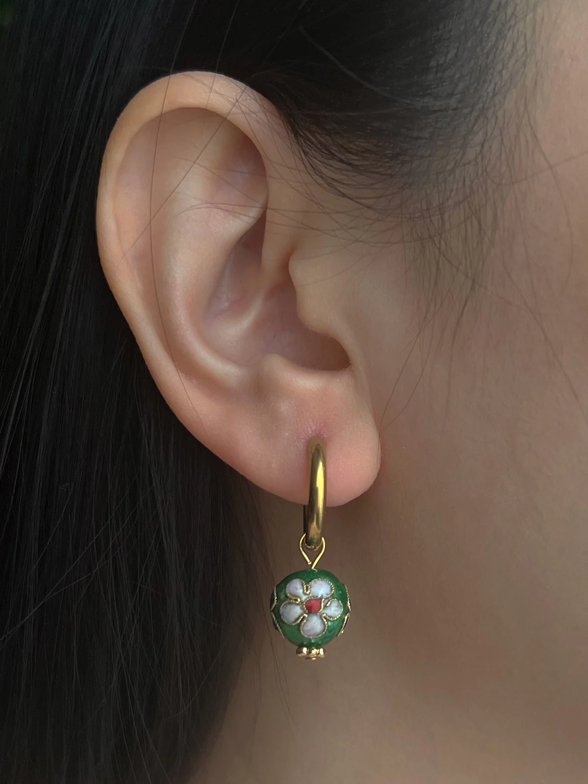 Green Flower Cloisonne Hoops - Image 3