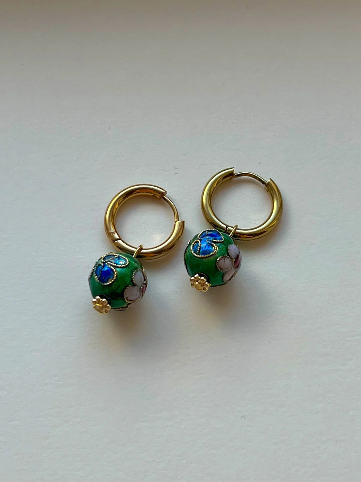 Green Flower Cloisonne Hoops - Image 4