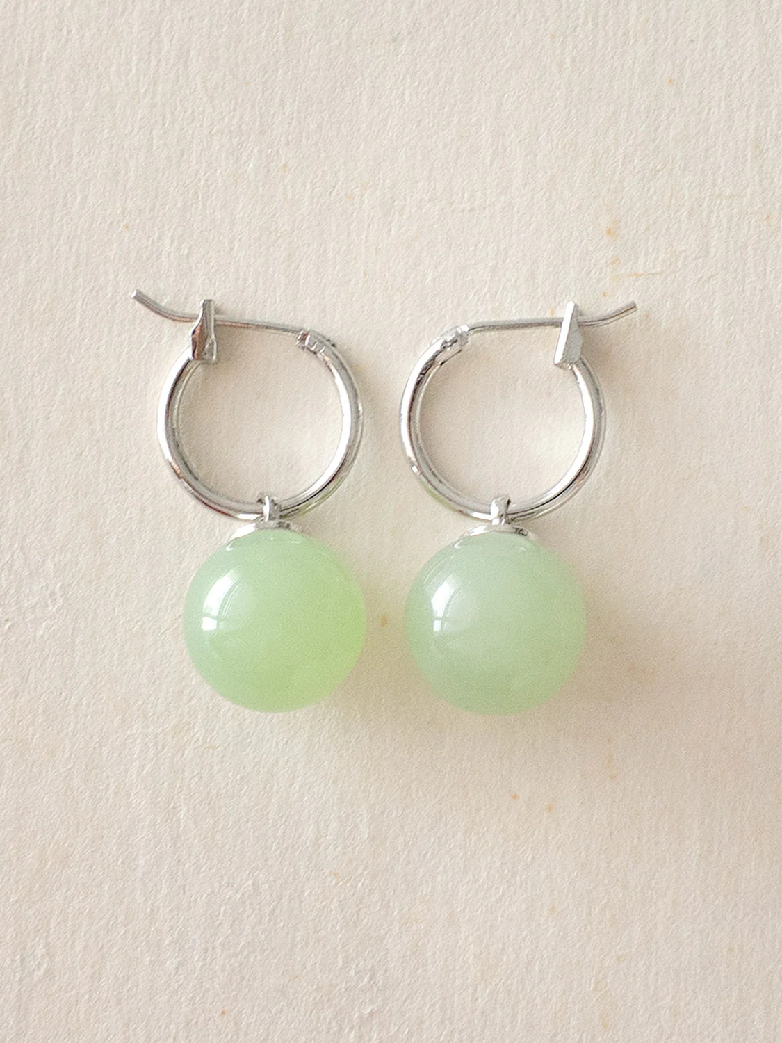 Green Jade Ball Hoops, S925 - Silver - Image 4