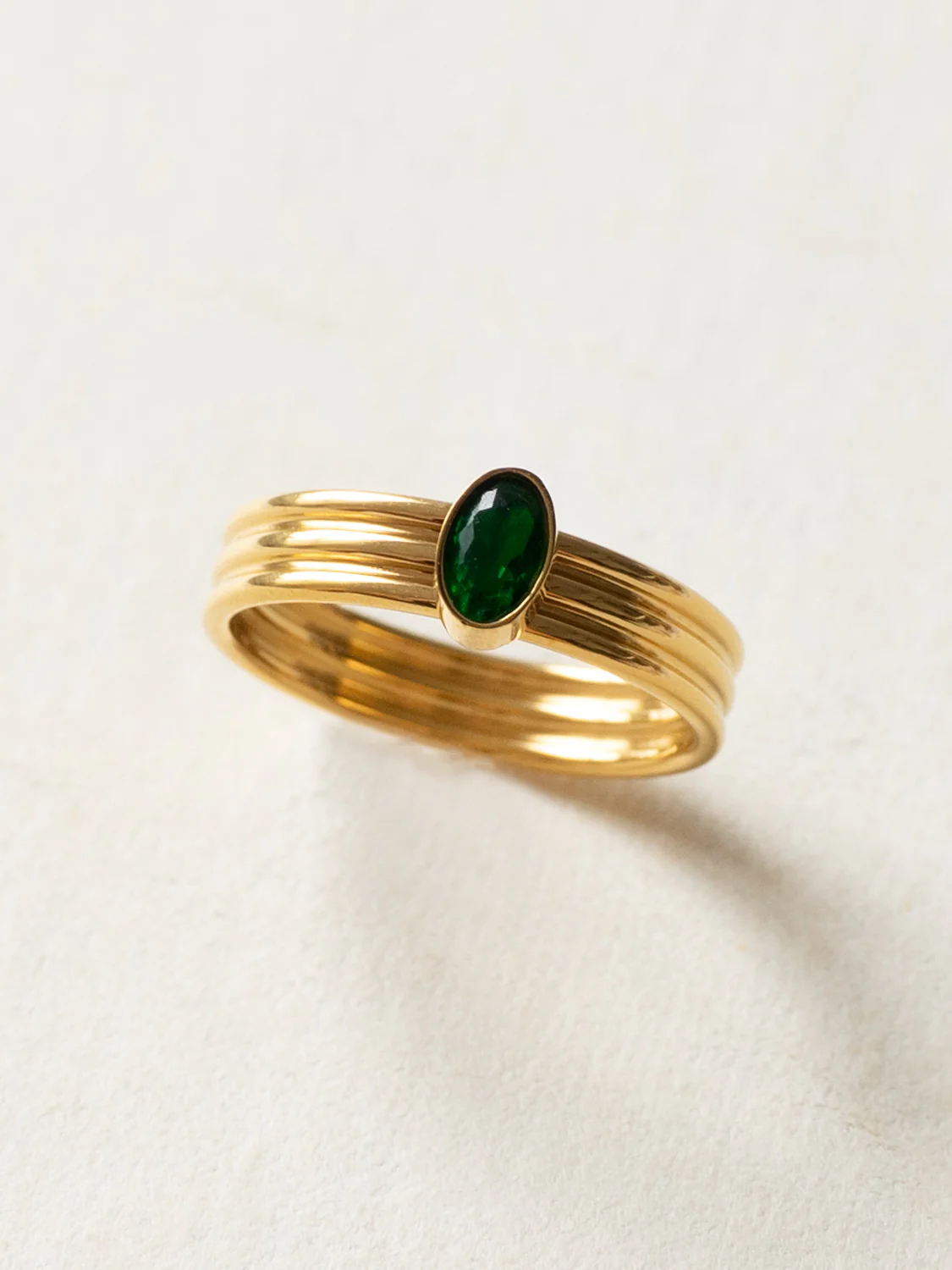 Green Oval Gemstone Ring, Stainless Steel - Gold - Image 2