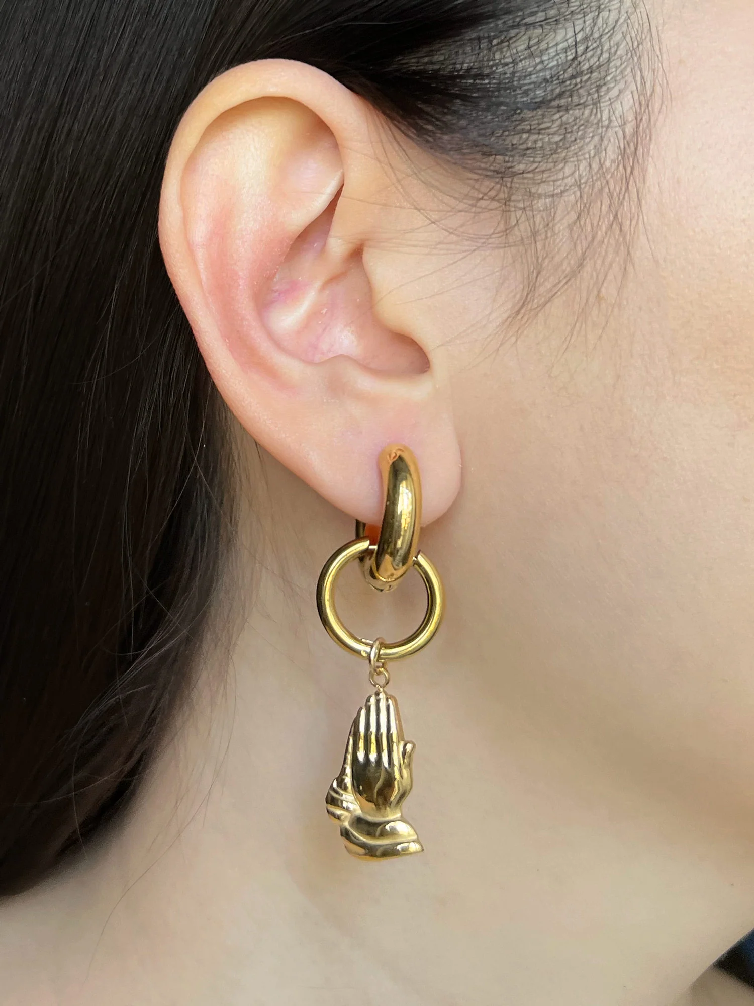 Hands in Prayer Chunky Gold Hoops - Image 3