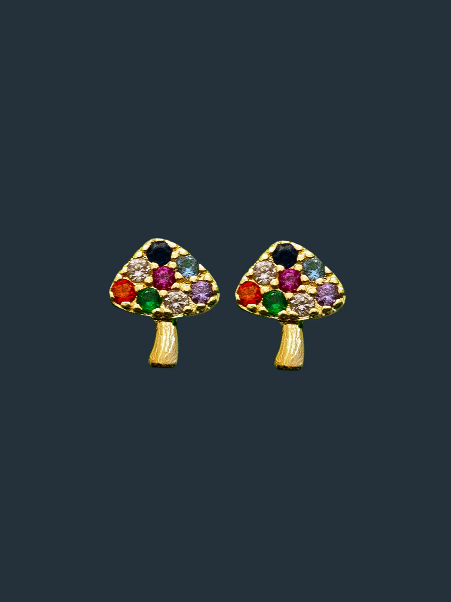 Happy Mushroom Earstuds, S925 - Clear Gemstones, Gold - Image 4