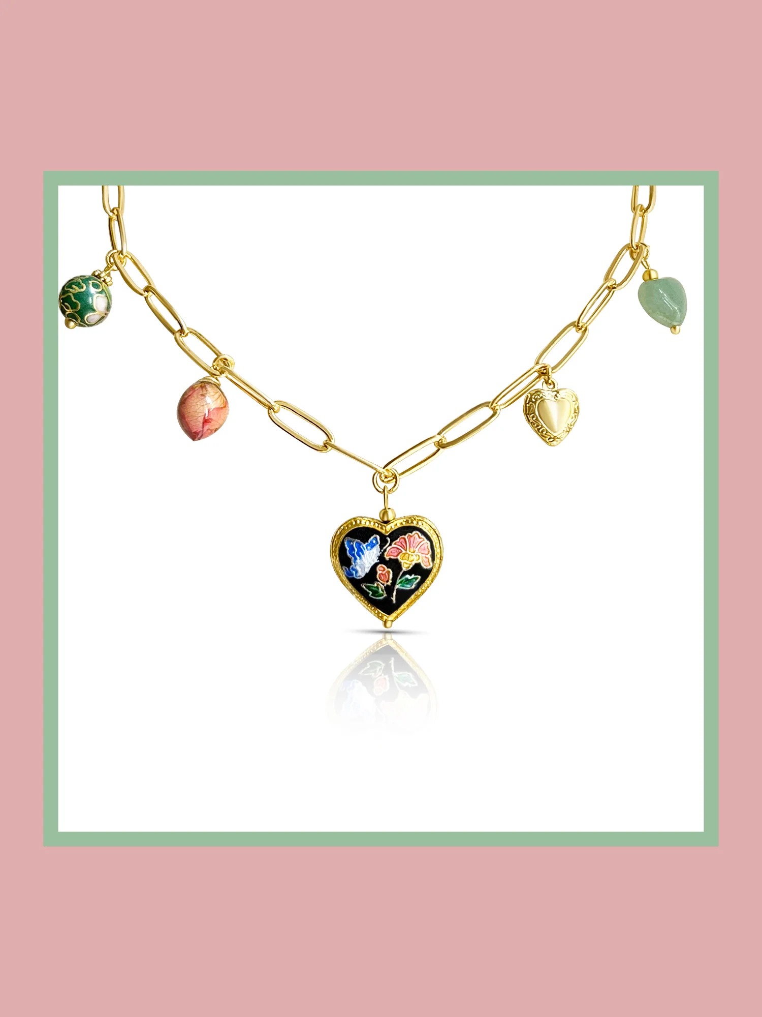 Heart Cloisonne Charm Necklace - Black Heart/Dried Rose - Image 7