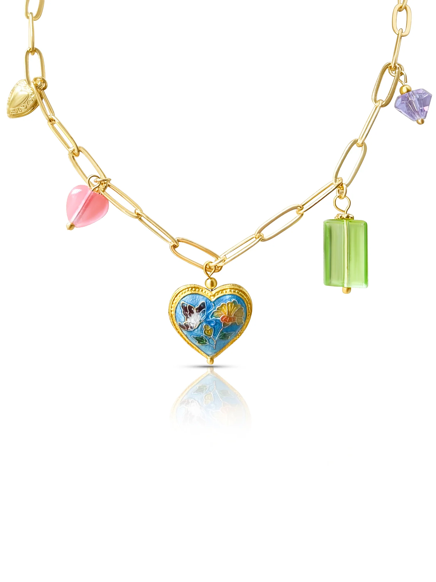 Heart Cloisonne Charm Necklace - Blue Heart/Glass Crystals - Image 2