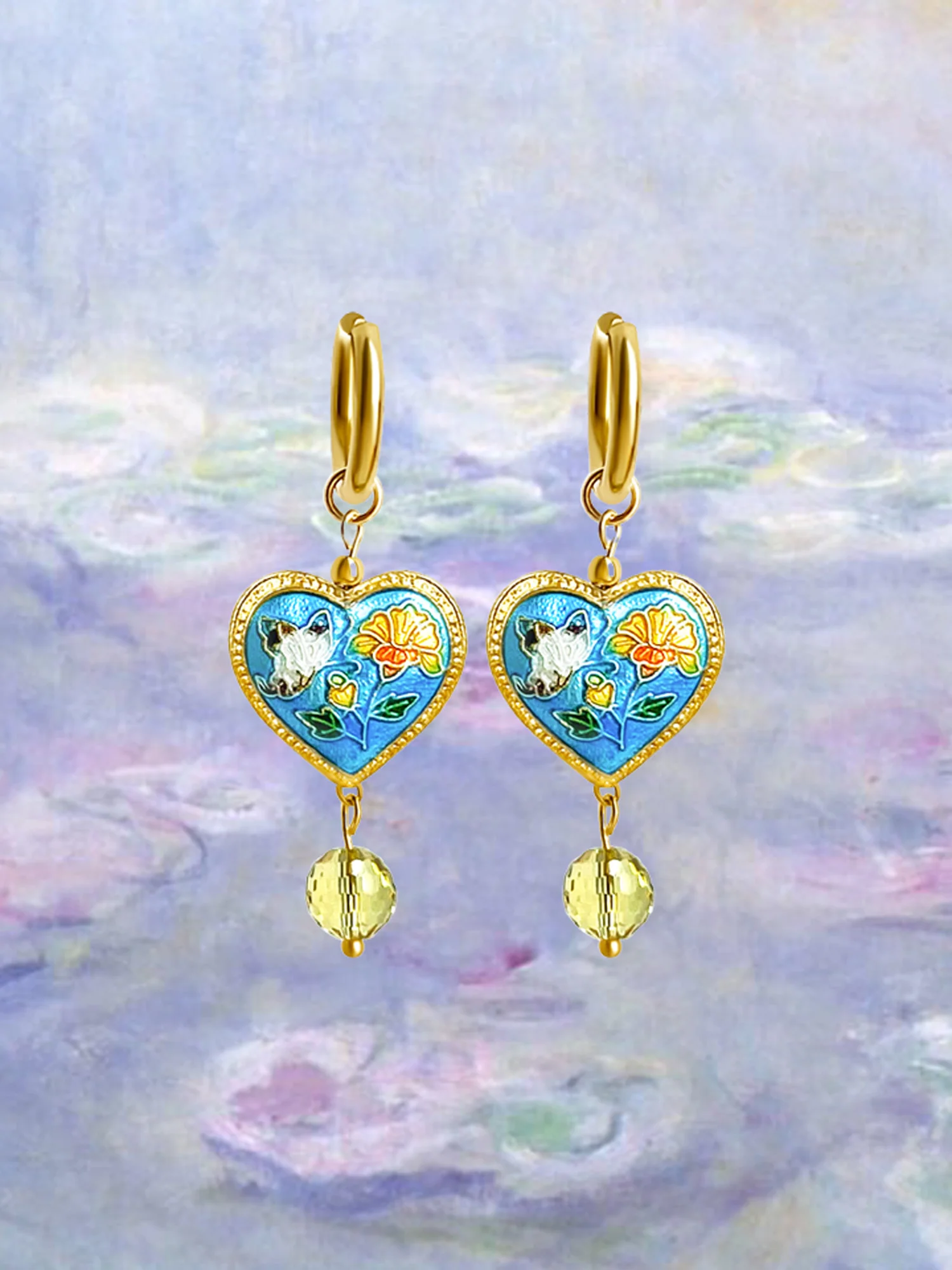 Heart Cloisonne Charm Necklace - Blue Heart/Glass Crystals - Image 5