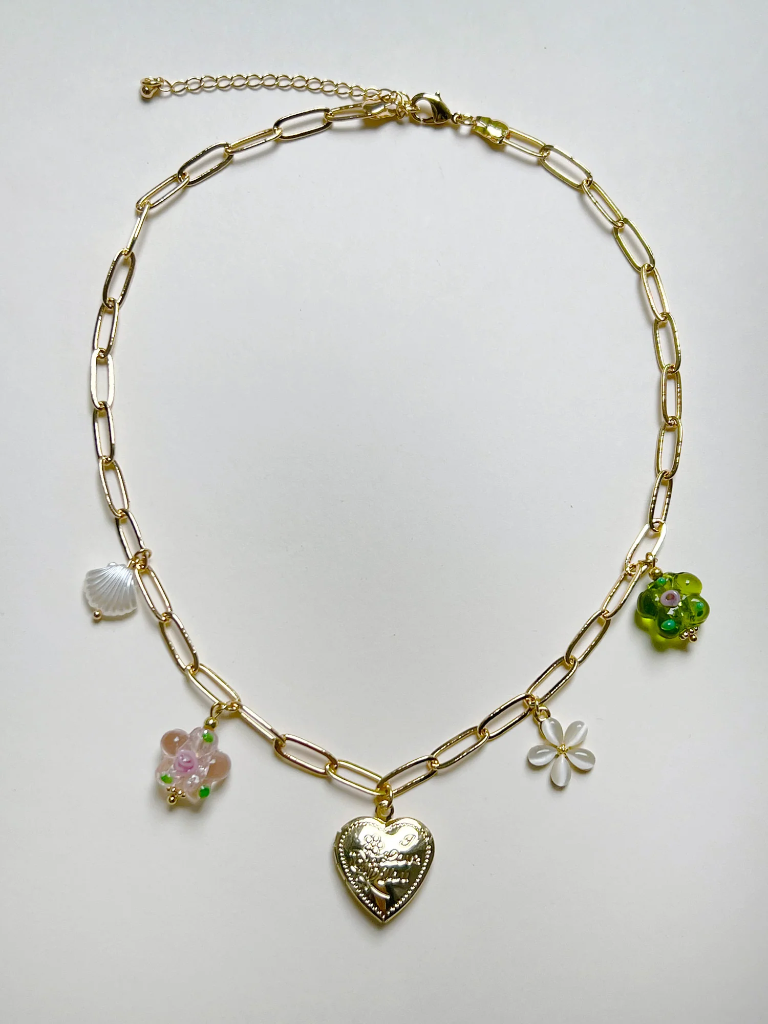 Heart Locket Charm Necklace - Glass Flowers - Image 8