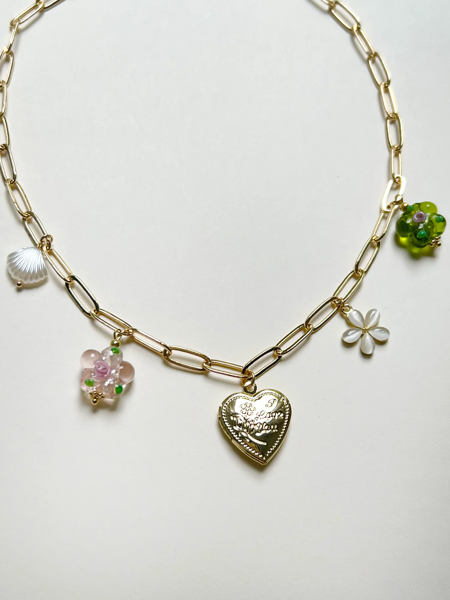 Heart Locket Charm Necklace - Glass Flowers - Image 9