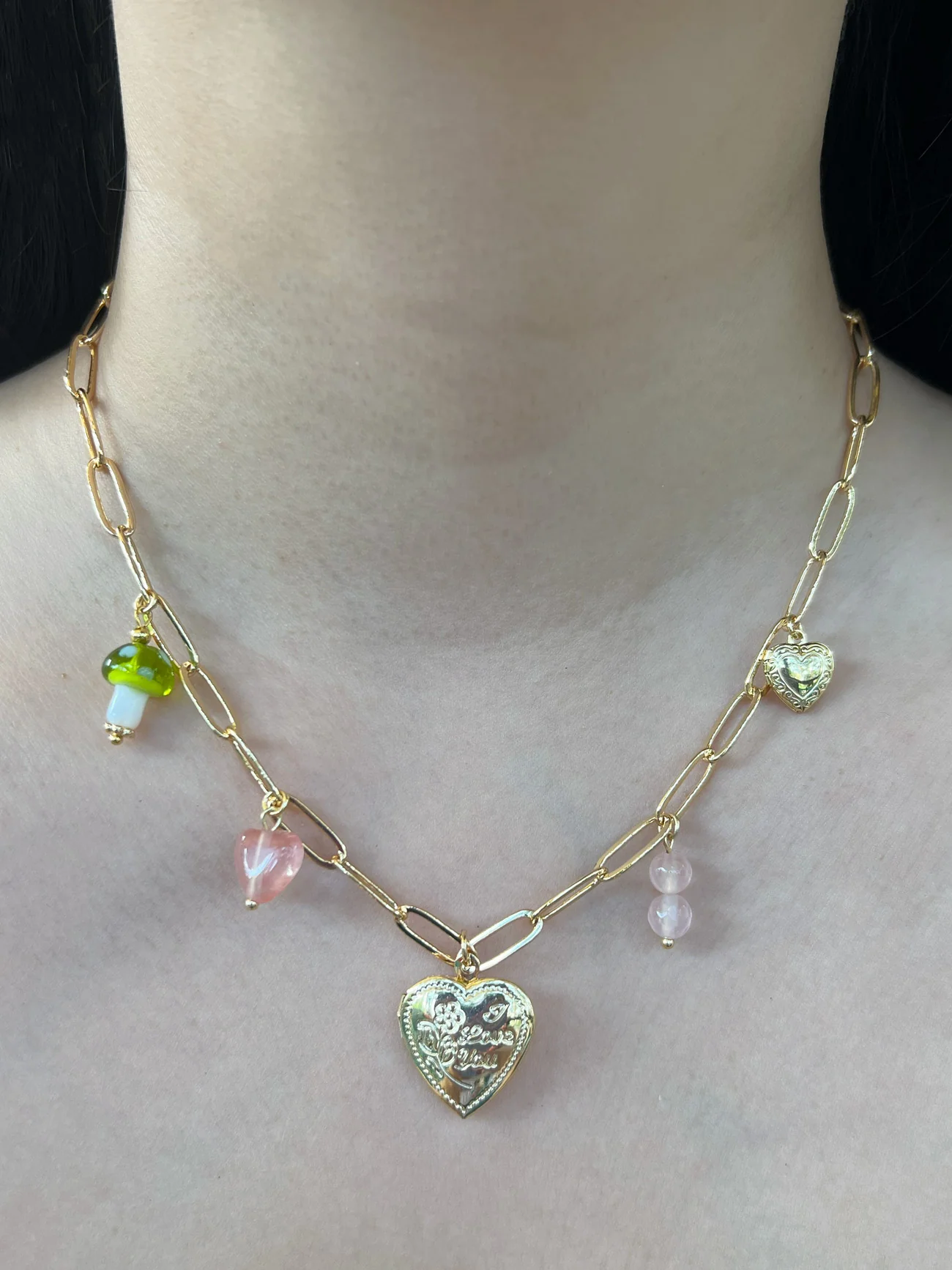 Heart Locket Charm Necklace with Mushroom - Springtime - Image 2