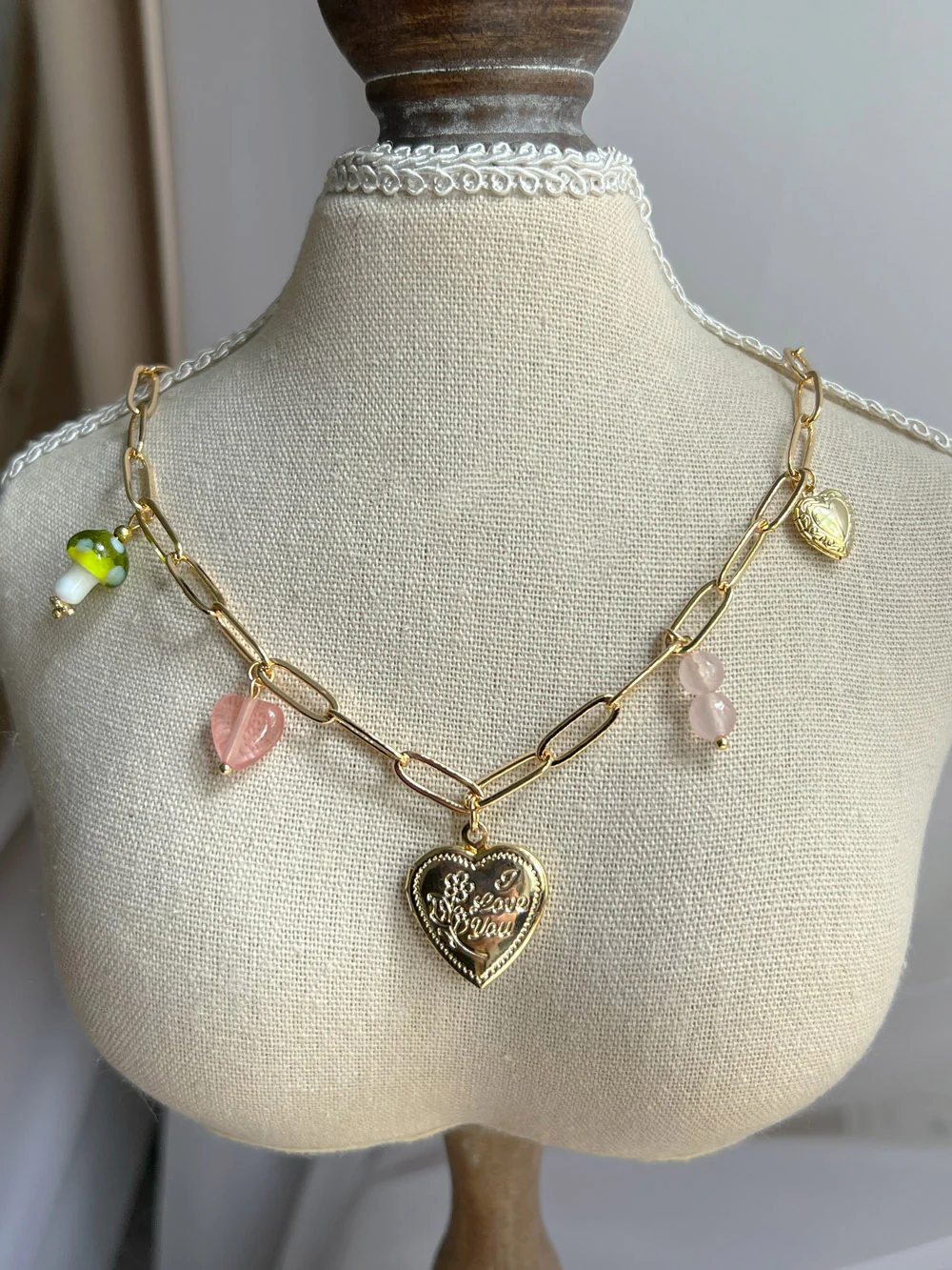 Heart Locket Charm Necklace with Mushroom - Springtime - Image 3