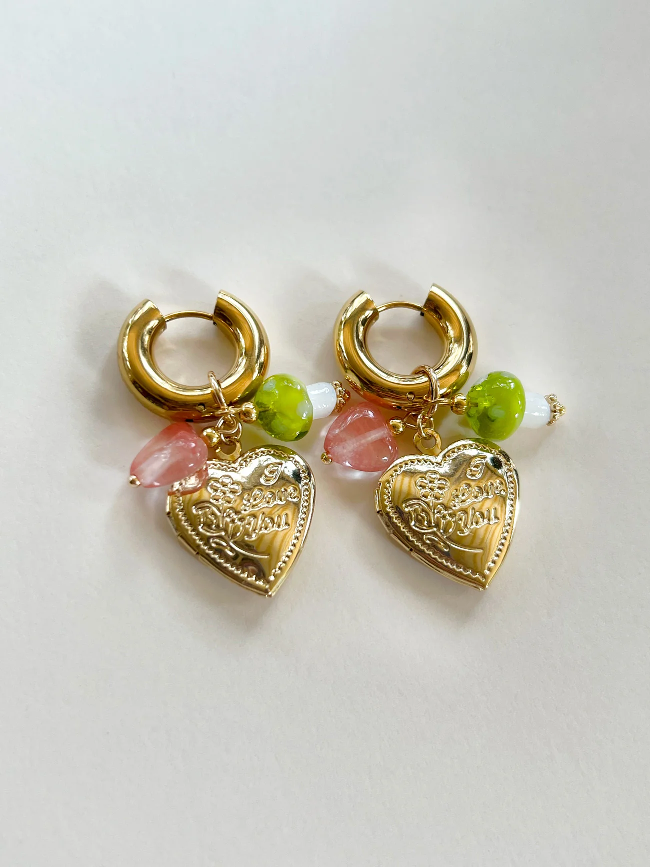 Heart Locket Chunky Hoops - Green Mushroom/Watermelon heart crystal - Image 3