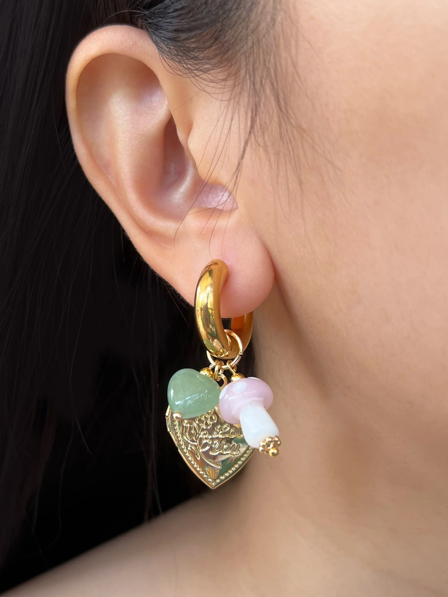 Heart Locket Chunky Hoops - Pink Mushroom/Jade heart crystal - Image 2