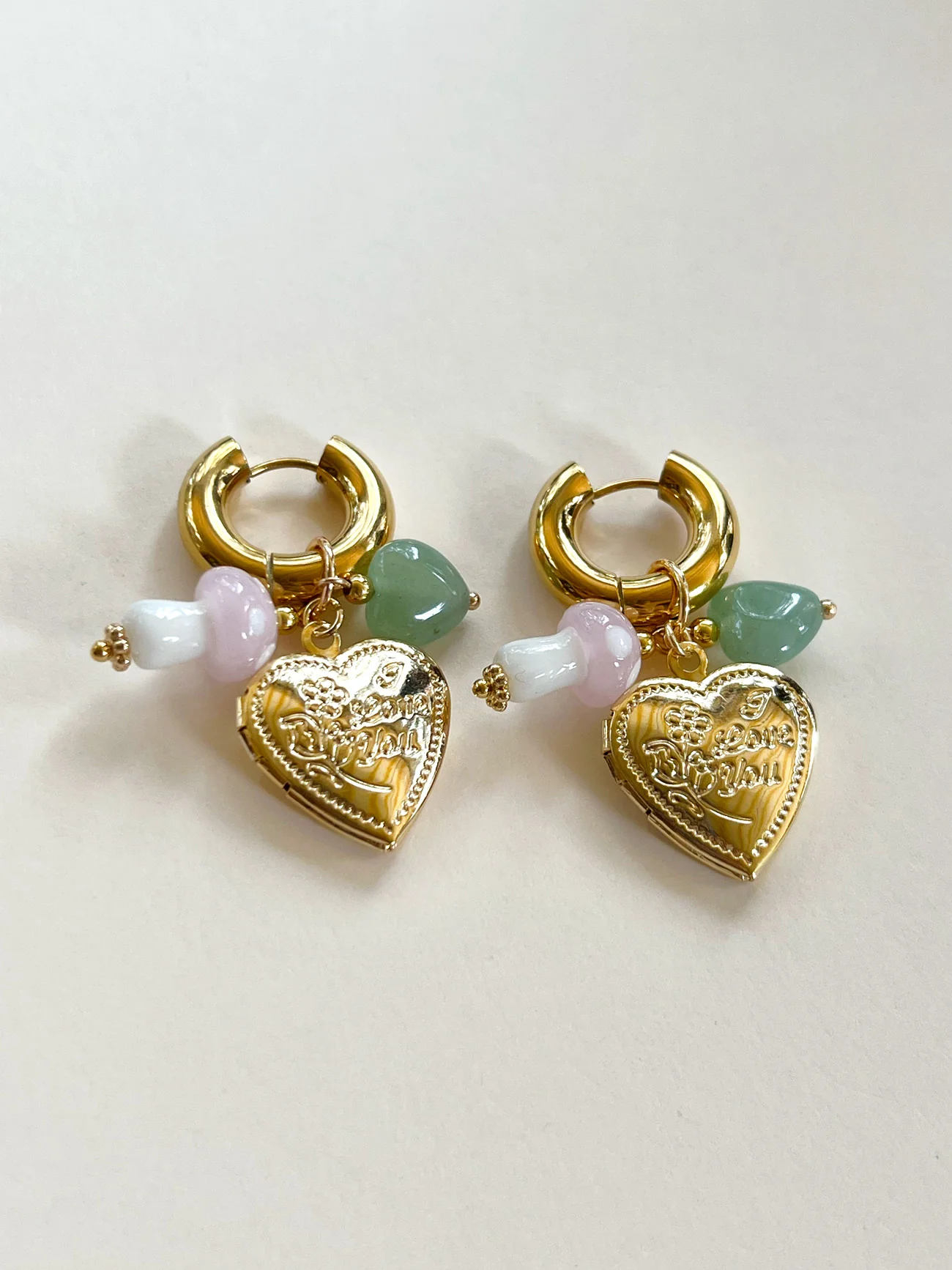 Heart Locket Chunky Hoops - Pink Mushroom/Jade heart crystal - Image 3
