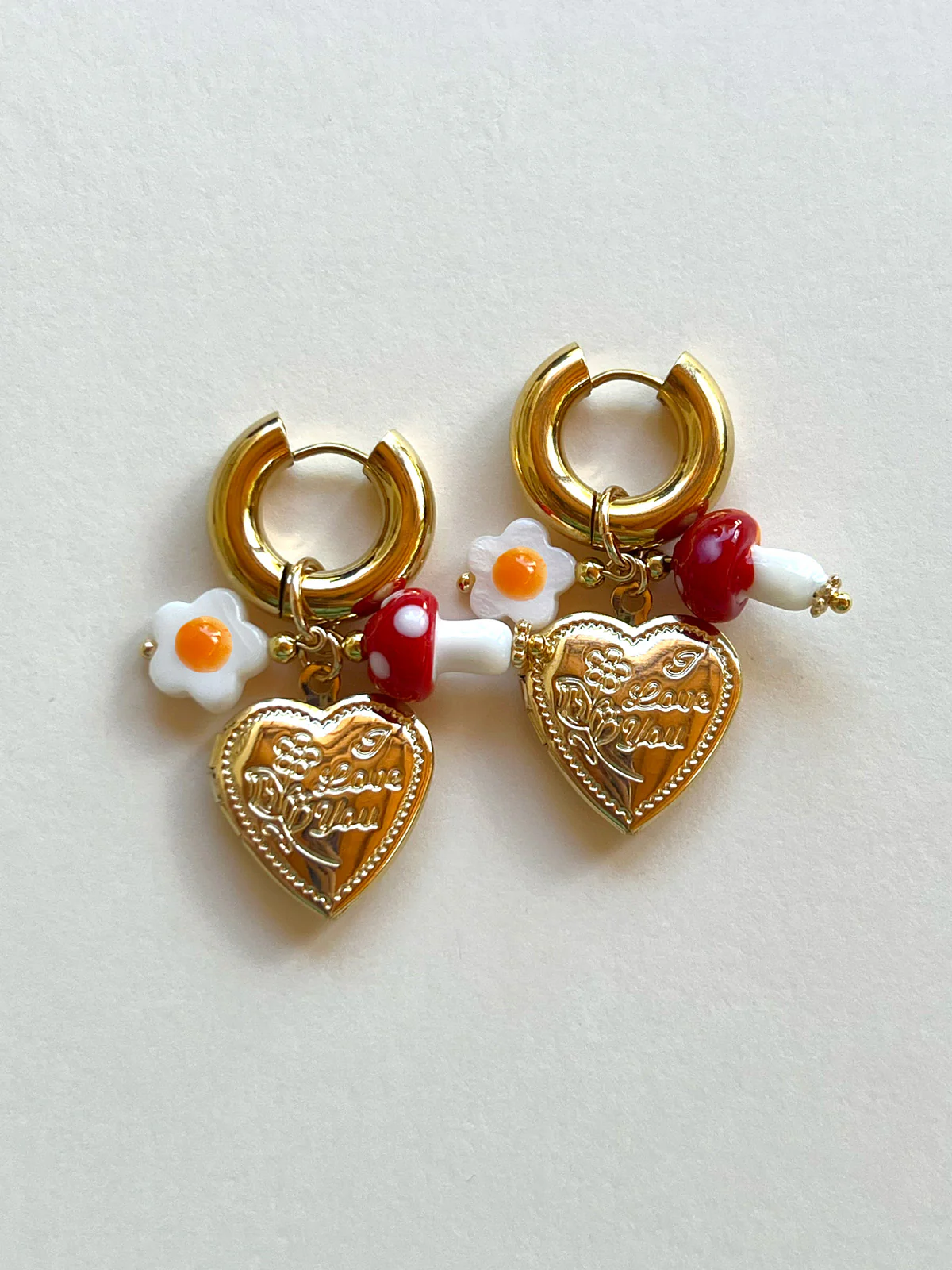 Heart Locket Chunky Hoops - Red Mushroom/Eggy Flower