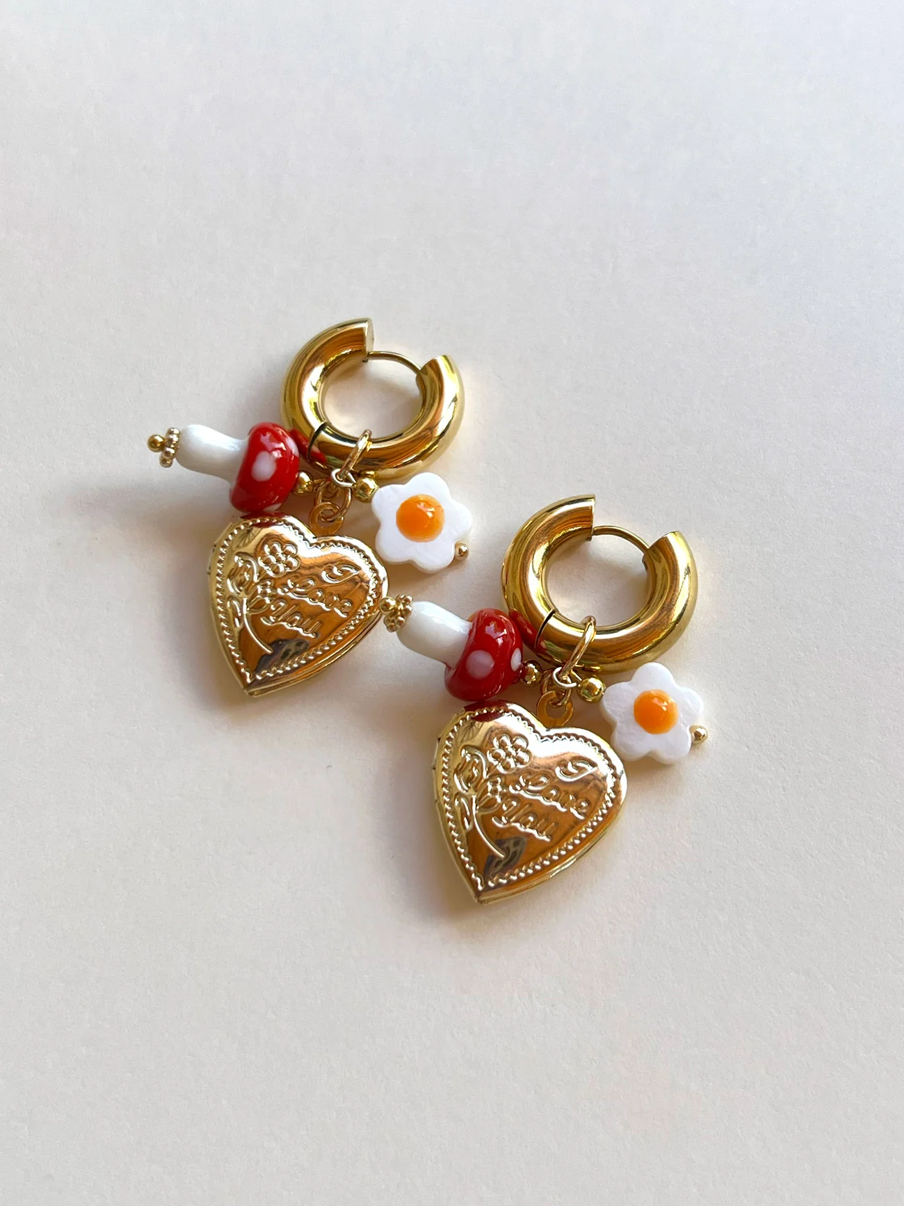 Heart Locket Chunky Hoops - Red Mushroom/Eggy Flower - Image 3